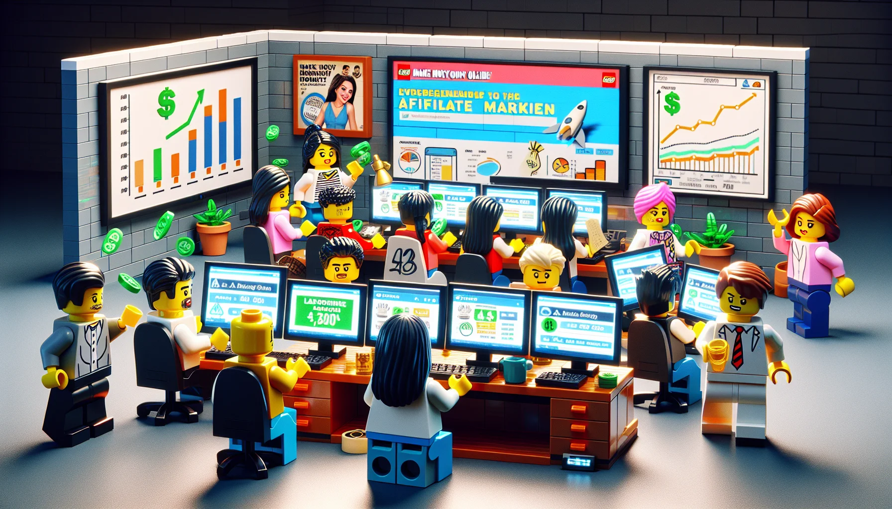Design a playful, realistic scenario presenting LEGO mini-figures engaging in affiliate marketing. The scene takes place in a bustling home office. Several mini-figures, of different genders and descents, are diligently working around a computer desk displaying a bright computer screen. Charts of profits and LED displays with currency signs are around the room. One LEGO figure, an Hispanic woman, is presenting a webinar on a large flat-screen TV, while a Middle-Eastern man is operating a computer showcasing an attractive 'Make Money Online' website. Delve into the imagery of online entrepreneurship using LEGO elements, while maintaining a sense of humor and creativity.