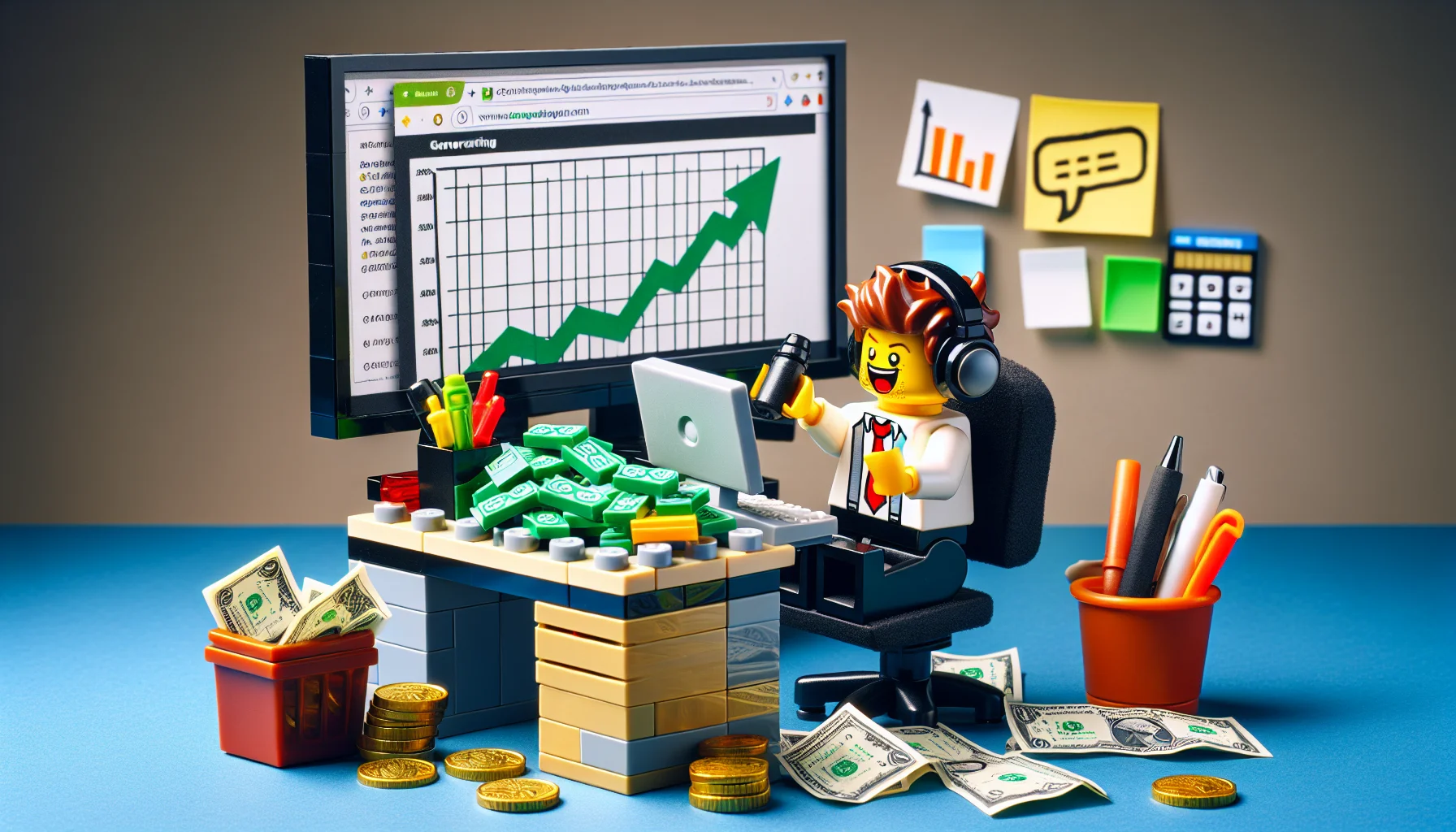 Create a comedic, realistic image of a Lego figurine in an appealing setting related to generating revenue on the internet. The figurine should be wearing headphones, sitting behind a computer desk crammed with currency bills and coins. There should be several browser windows open on the computer screen, one of which showing a bar chart with an upward trend indicating increasing profits. The decor should include business-related accessories like a calculator, pen holder and sticky notes with financial jargon written on them. Make sure to bring the humor element by showing the figurine's excited expressions, perhaps some party decorations, and a miniature cup of coffee spilling over due to the figurine's overt excitement.