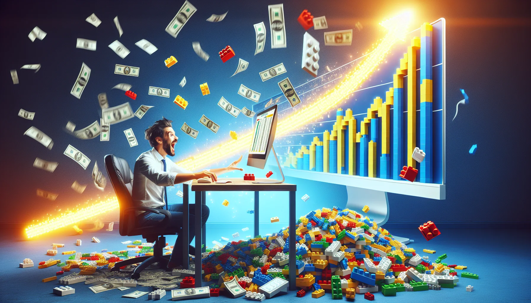 Create a humor-filled, realistic image showcasing an affiliate program for a generic building block toy, styled like Lego, in a compelling scenario related to making money online. The image could include an enthusiastic person, sitting at their computer desk in their home office, with a momentous expression. Surrounded by stacks of plastic toy blocks, they're looking at their computer screen which displays a dynamic growth chart, indicating the rising income. A flash of light from the screen illuminates their room, suggesting the exciting opportunity. Please include no brands or logos in the image.