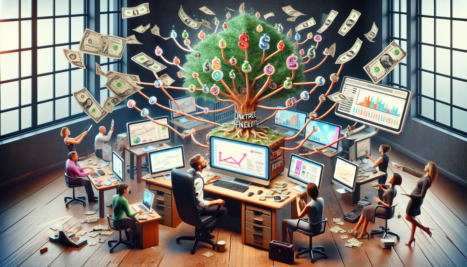 Imagine a whimsical, realistic scene related to online money-making. At the center is the concept of the Linktree affiliate program. Visualize a desk cluttered with computer monitors, each showing a different way to earn cash via internet. Perhaps there's a screen with real-time profits rising, another with a 3D digital tree composed of links branching out (symbolizing Linktree), and another displaying an engaging online course led by an enthusiastic Caucasian woman. Dollar bills are seen occasionally drifting down, representing online income. The atmosphere is lively, yet productive and alluring.