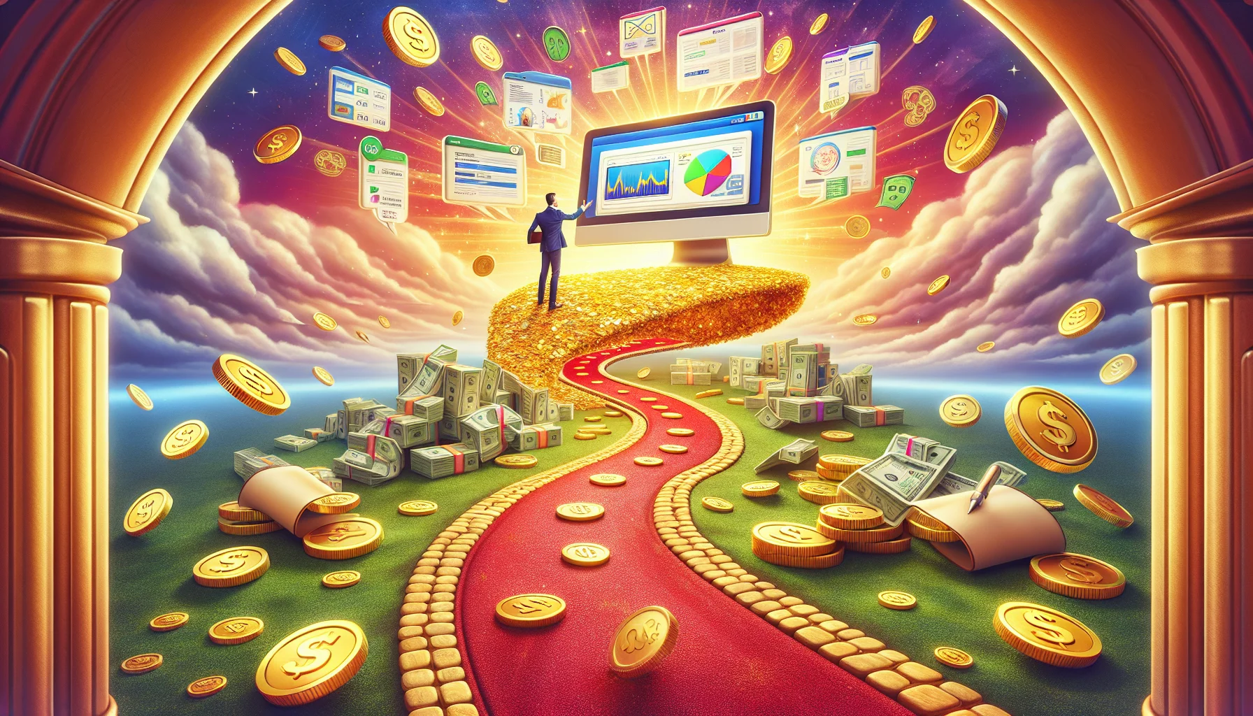 Create a humorous, realistic image that shows a scene related to making money online, using charm and persuasion. The central focus is an imaginative representation of an affiliate program; this could look like a enticing path paved with gold coins leading to a giant computer. The computer itself could have pop-ups depicting diagrams, lucrative deals and exciting offers, while online money transactions are shown as a visible stream of digital cash flowing into a wallet. All elements are encased in vibrant colors and light, emphasizing excitement and anticipation.