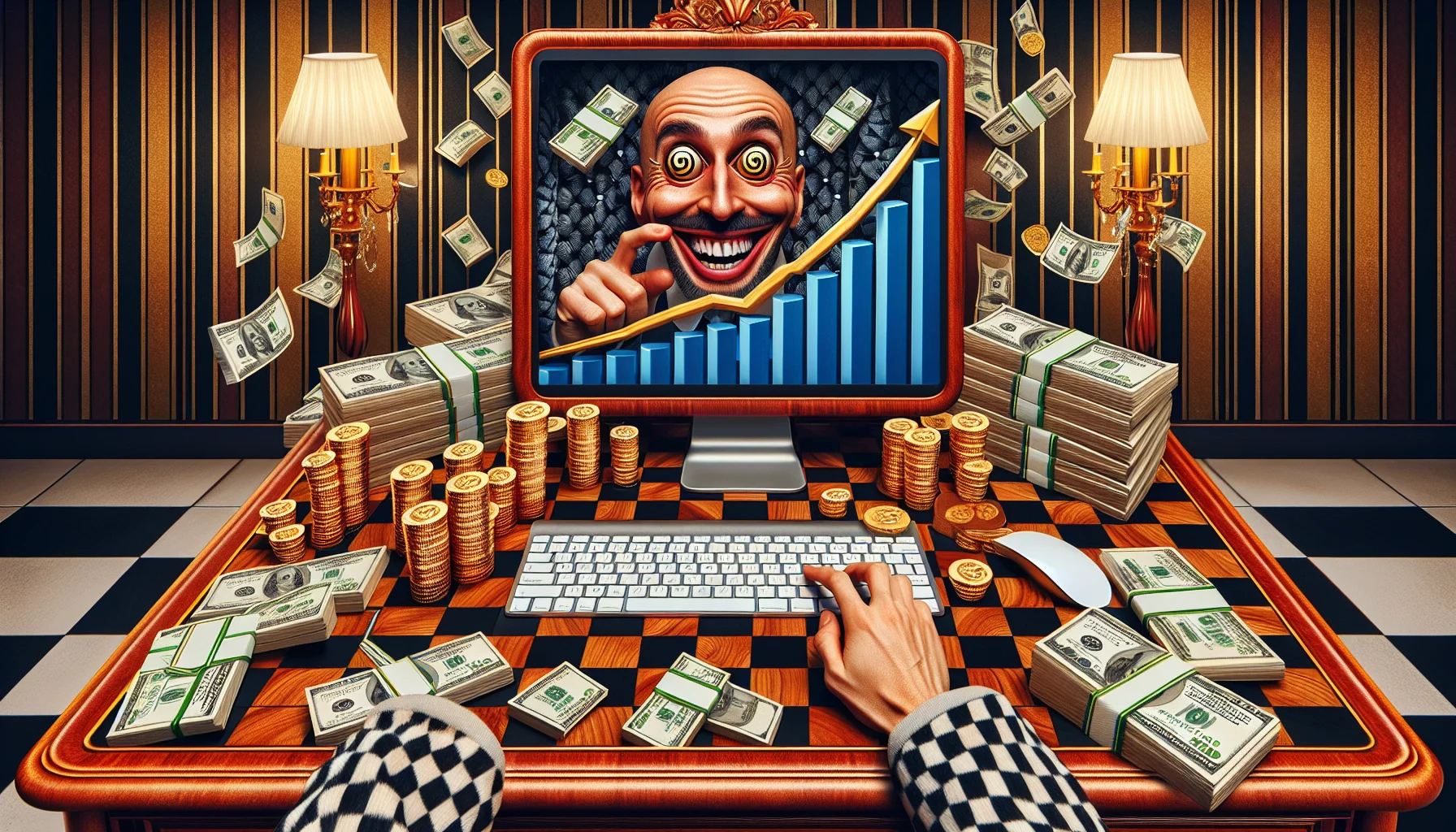 Create an image depicting a humorously exaggerated scenario related to online affiliate marketing. In this image, the main focus is a luxurious high-end designer patterns, like cane and checkerboard. To allude to making money online, you can show a computer screen displaying a graph with rising sales figures. The computer is on a high-end mahogany desk, surrounded by gold coins and stacks of dollar bills, suggesting immense profitability. For a comedic touch, include characters with wide grinning faces, eyes turned into dollar signs, and hands rubbing together in anticipation.