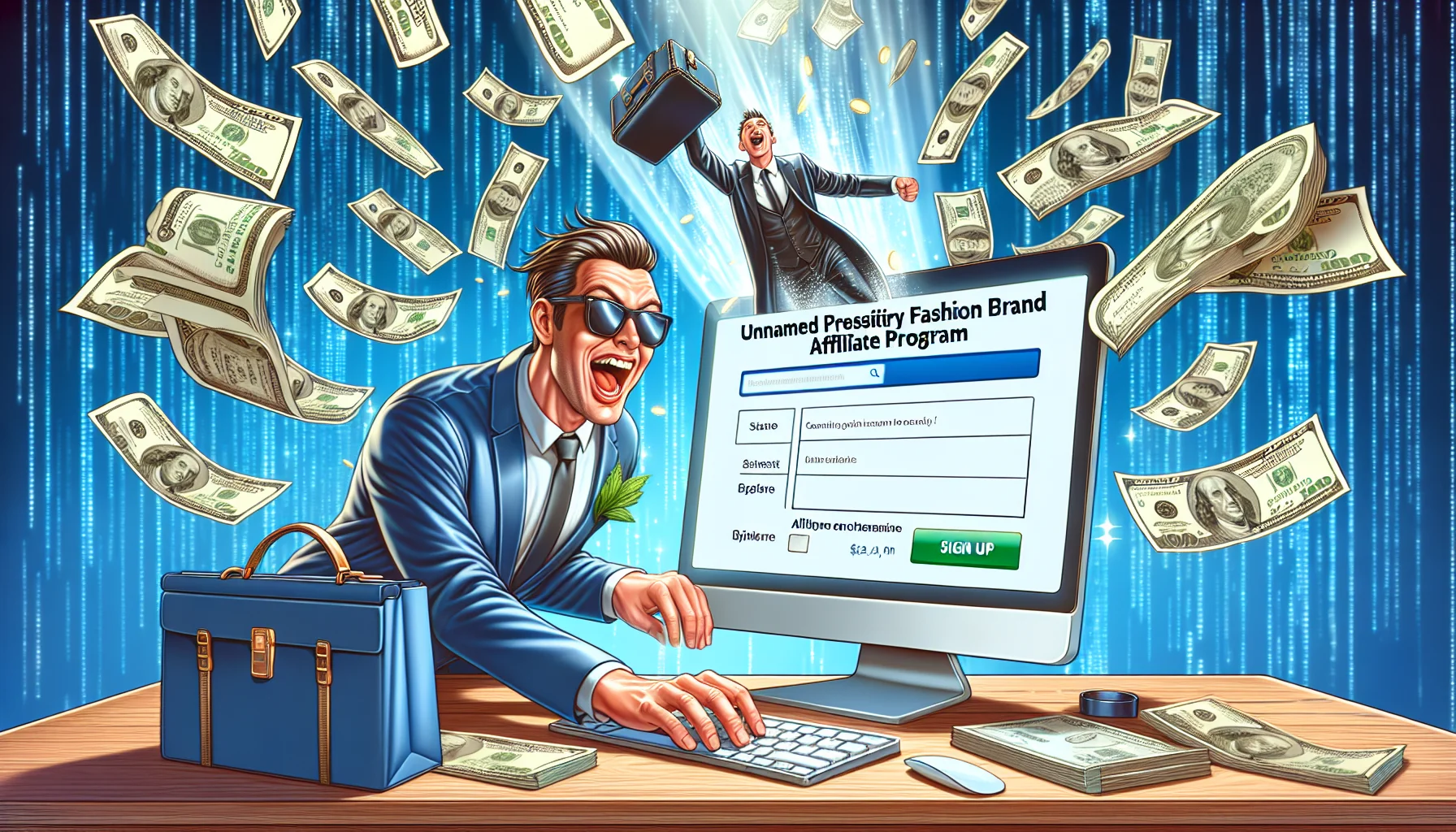 Create a humorous and lifelike image where an individual is signing up for an unnamed prestigious luxury fashion brand's affiliate program. Portray an exciting scenario related to generating income online. The scene may include, a computer showing the sign-up page, gleaming coins or dollar bills floating from the screen, an ecstatic individual, and the background may contain digital motifs to emphasize the online income aspect.
