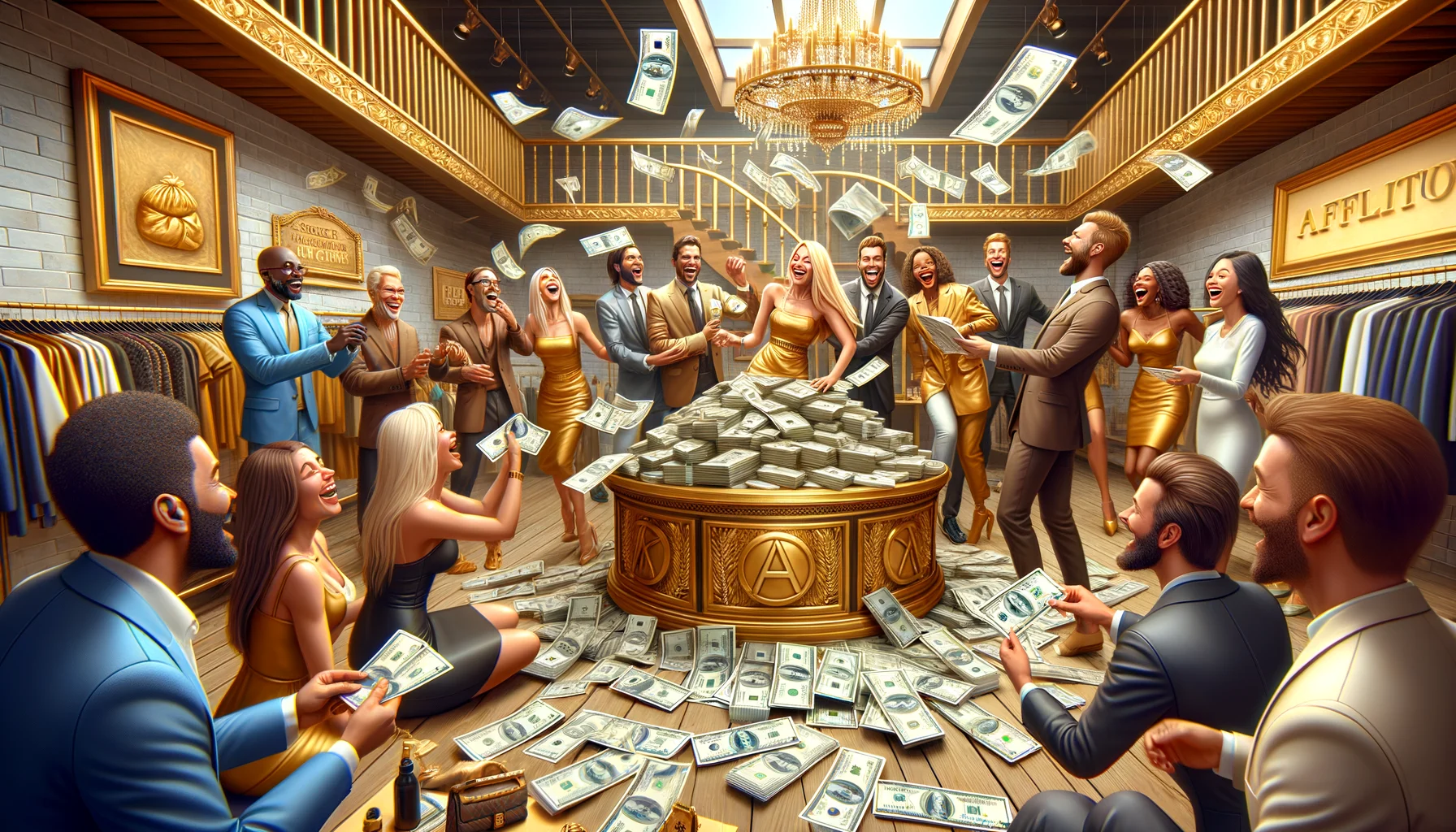 Create an amusing and lifelike scenario depicting an affiliate program for a generic high-end fashion brand, infused with humor. Imagine a chic boutique environment decked out in gold and leather, from where well-dressed salespeople of various descents and genders are trying to sell the program. Comically large commission checks are scattered about, and a few customers, both men and women of different ethnic backgrounds such as Caucasian, Hispanic, and Black, are laughing while collecting the checks with exaggerated enthusiasm.