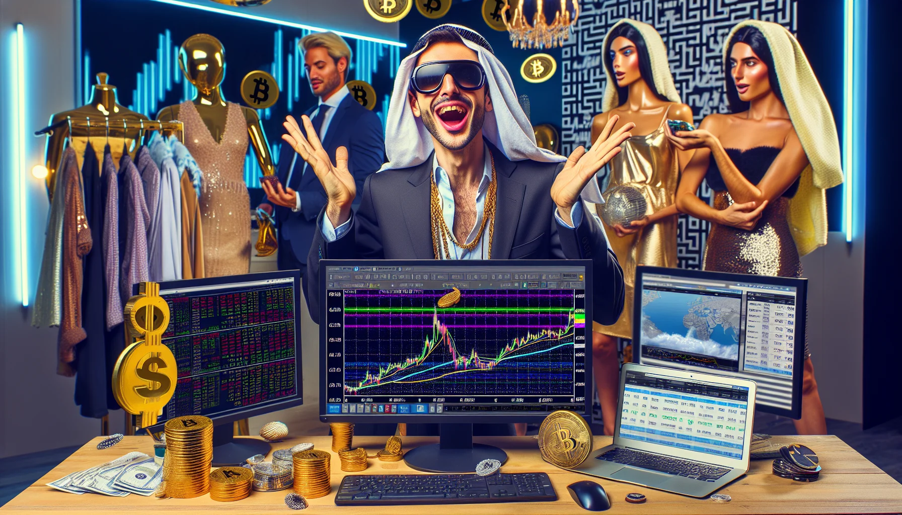 Create a humorous yet realistic image showcasing an individual affiliated with a high-end fashion brand, immersed in an alluring scenario related to generating income on the internet. The person is seen with an expression of surprise and excitement, surrounded by computer screens displaying rising stock charts, digital currencies, and e-commerce websites. The scene is set in an upscale, modern office space decorated with fashion items and accessories reminding of the high-end fashion industry. The individual is gender-ambiguous and of Middle-Eastern descent.