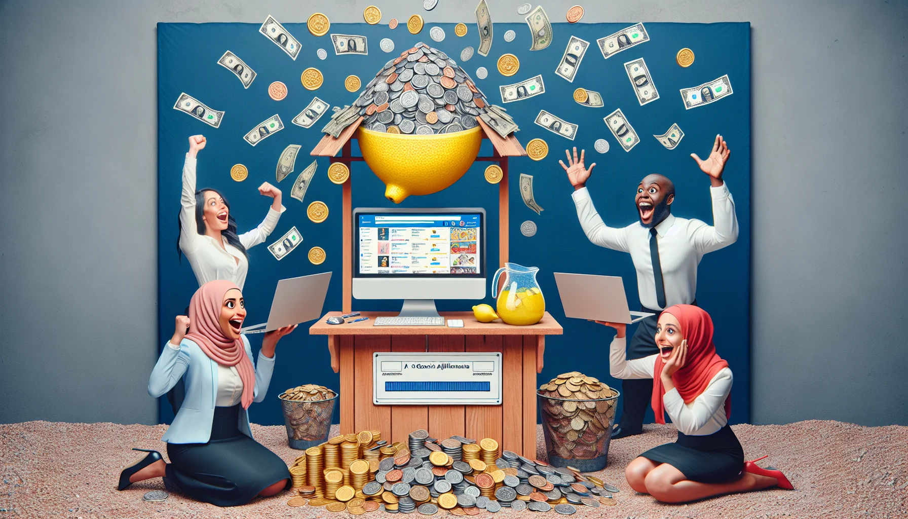 Visualize a humorous yet plausible scene that represents a metaphorical interpretation of participating in a generic affiliate marketing program, relating to the concept of online earnings. Picture a traditional lemonade stand, but instead of selling lemonade, it's promoting a variety of unseen online products. Coins and bills are materializing from the computer screens as if the sales were tangible. There are two highly excited individuals, one Middle-Eastern female and one Black male, managing this surreal setup. They are thrilled to see the physical representation of their online earnings and dance with each other in their joyous victory.