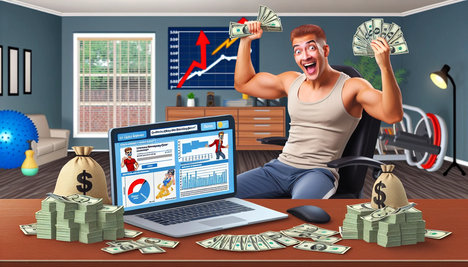In a comic setup, depict an engaging scenario featuring the notion of an online money-making endeavor. Capture the scene with a laptop showing a humorous, positive review for a hypothetical fitness gear affiliate program. Surroundings could include stack of dollar bills indicating the earning potential, graph charts going up to show progress, and an enthusiastic person of Hispanic descent gleefully gesturing towards the screen. The background could be a comfortable home office space filled with fitness gear, subtly portraying the blend between the digital money-making world and the fitness realm.
