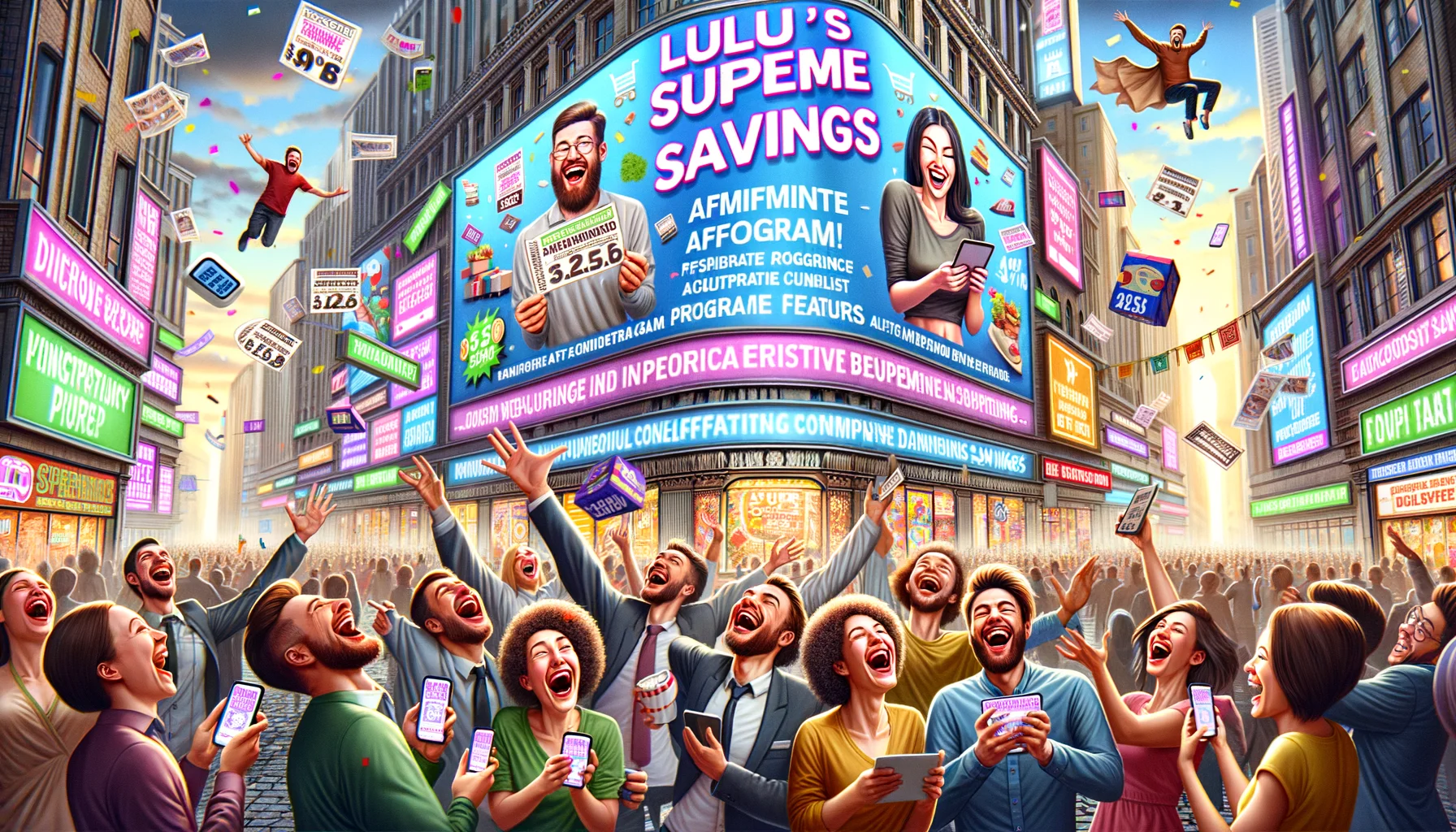 Design a humorous and realistic image that highlights a fictional affiliate program called 'Lulu's Supreme Savings'. The scene is a bustling city street with fascinating commerce. People of various descents and gender are laughing heartily while enthusiastically engaging with the program. They can be seen holding gadgets with text and images promoting various discounts and benefits. Random unconventional situations add to the humor- a man is spreading discount coupons like confetti, a woman is jumping in excitement holding her device high in the air. Cityscape includes large, colorful digital billboards showcasing comprehensive program features.