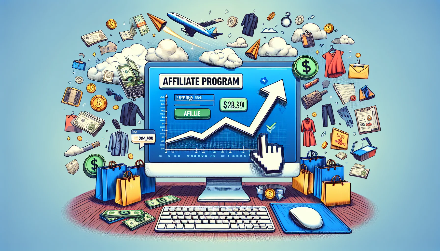 Create a comical, visually realistic representation of an online affiliate program associated with a large, unnamed department store. The scenario should be enticing and clearly linked to the concept of earning money online. Visualize a computer screen displaying an earnings chart skyrocketing as a symbol of potential profit. Around the screen, details symbolizing the affiliate program should be present such as shopping bags, clothing, and other retail items. Include a dollar sign cursor clicking on a check mark in the affiliate section. Ensure the tone of the image is light-hearted and engaging.