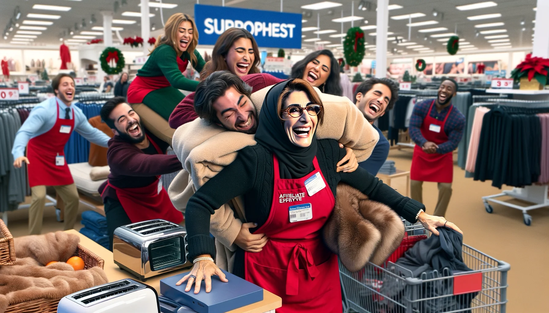 Generate a humorous and realistic image of an affiliate employee at a well-known, unnamed national department store. The employee is a jovial Middle-Eastern woman, wearing a classic red apron over a black outfit. In the funniest scenario, she's trying to balance a pile of various sales items in her arms, including clothing, a toaster, and a faux fur rug while customers are laughing good-naturedly all around her. The department store has holiday decorations all around, contributing to the joyfulness and chaos of the scene.