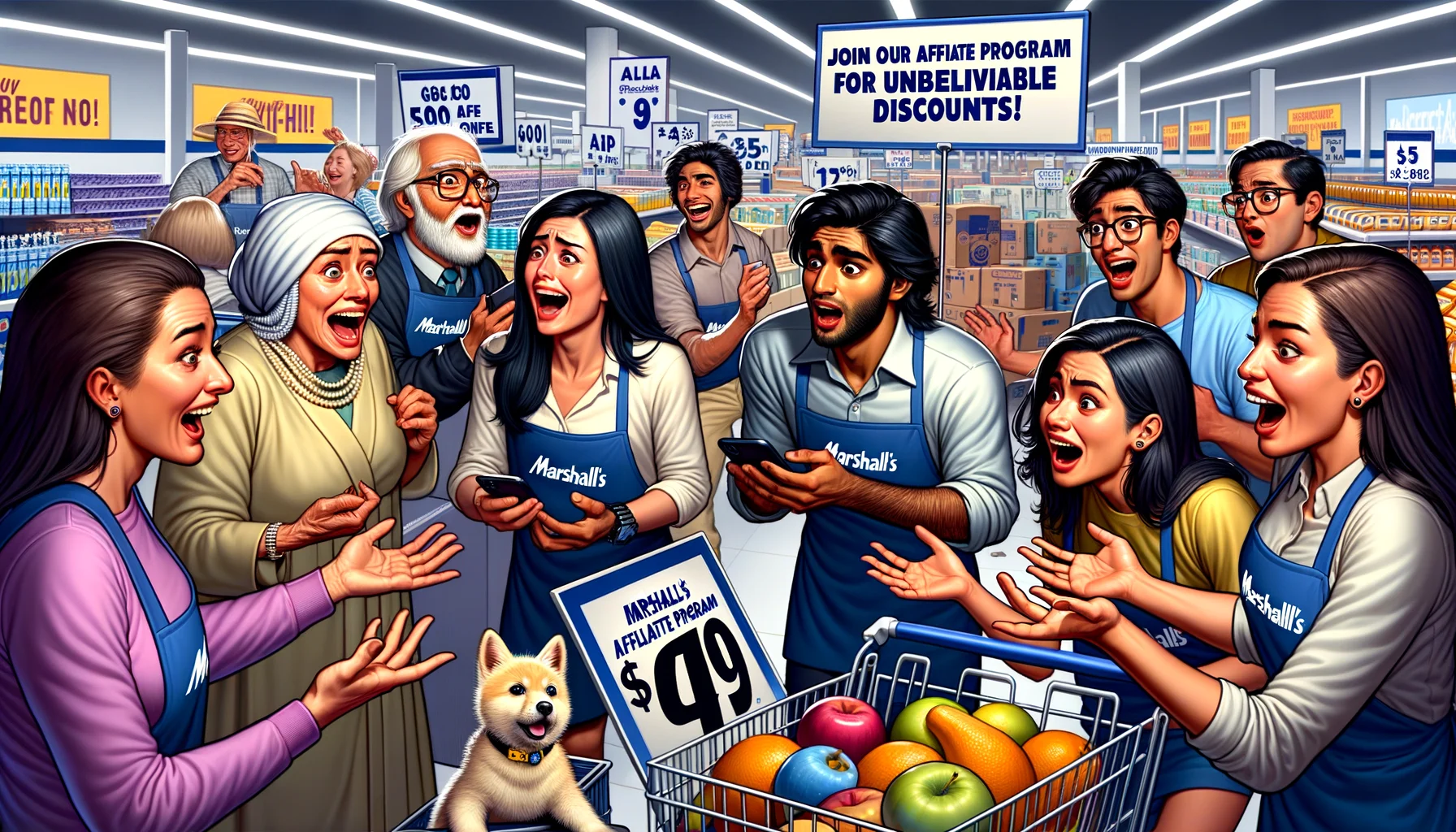 Generate a light-hearted, humorous image illustrating a whimsical situation around 'Marshalls Affiliate Program'. Imagine a busy shopping scene at a Marshall's store where diverse group of customers (a Caucasian woman, a Middle-Eastern man, and a Hispanic teenager) are confused and surprised to find products with price tags displaying massive affiliate discounts. They are laughing and pointing at the price tags. In the background, a South Asian store manager is chuckling, holding a sign saying 'Join our Affiliate Program for Unbelievable Discounts!'. Add some fun elements like a confused dog wearing a price tag collar and shelves stacked with comically oversized products.