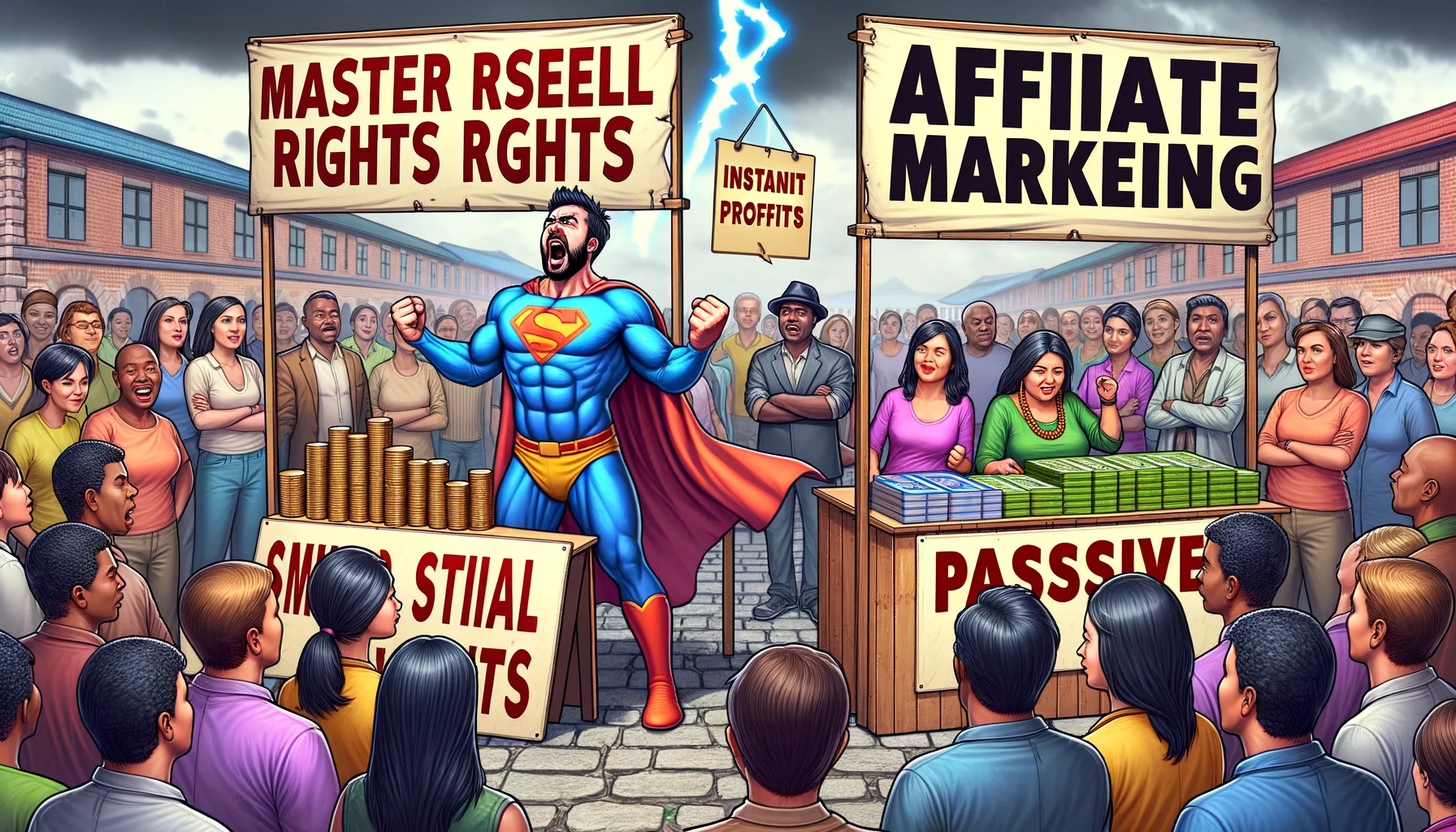 Create a humorous image depicting the competition between Master Resell Rights and Affiliate Marketing. Perhaps there's a market scene with two stalls side by side. On one side, a Caucasian man energetically shouting out the benefits of his digitally represented 'Master Resell Rights' products, wearing a cape like a superhero and holding a sign that says 'Instant Profits'. On the other side, a South Asian woman with her 'Affiliate Marketing' products, sitting cool and calm with a knowing smile, holding a sign that says 'Passive Income', with a queue of diverse customers showing interest. Make sure the image looks funny yet realistic.