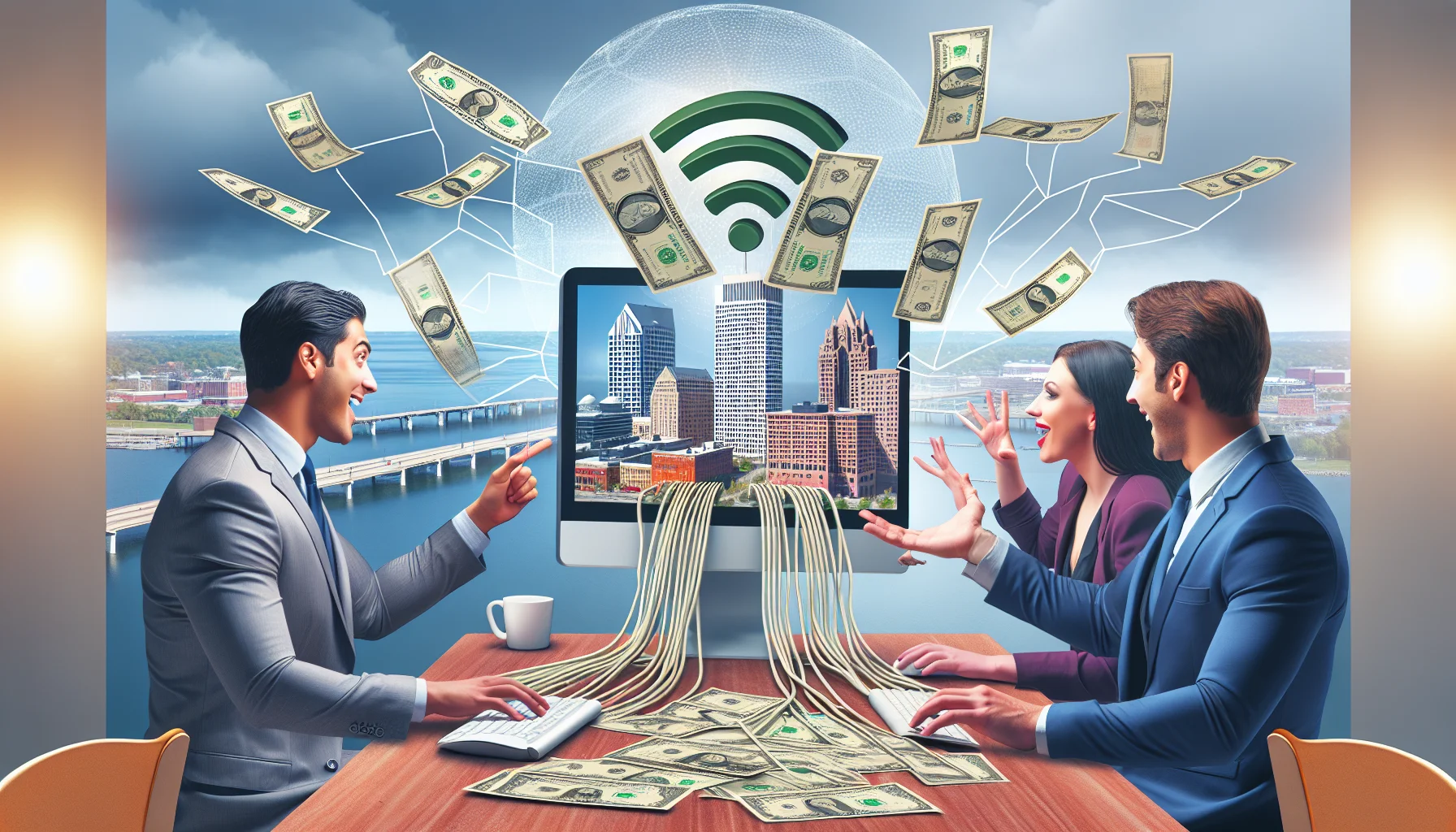 Create a humorous, realistic representation of an affiliate program associated with the city of Milwaukee, situated in a compelling scenario about generating income on the internet. The scene should include a computer, a representation of the Milwaukee skyline, and the internet symbolized through connecting lines or WiFi symbols. Dollar bills symbolizing money being made online should be shown fluttering away from the computer screen to indicate the income flow. Add an array of diverse individuals, including a Caucasian male and a Middle Eastern female, both looking excited and cooperating in this endeavor.