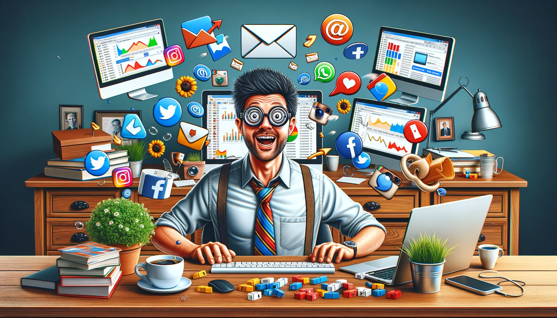 Create a humorous, realistic image centered around a fictional affiliate marketer character humorously trying to promote his online business. This character is named 'Mitch' and he is comically juggling internet icons like emails, social media symbols and browser logos. The setting is a cozy home office filled with fun items that characterize affiliate marketing, such as a desktop with multiple monitors, and scattered charts showing erratic sales graphs. Additionally, show a cup of overflowing coffee on his desk, symbolizing his high energy and constant work ethic.