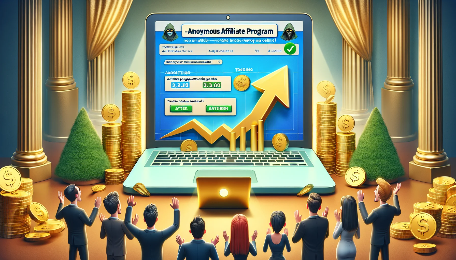 Create a humorous and realistic image that showcases an anonymous affiliate program, similar to one that might be found on a website dedicated to tracking online product launches. The scene is enticing and related to making money online. The main focus is on a huge monitor screen displaying rising graphs and charts indicating successful affiliate marketing. Maybe there's a golden laptop nearby, symbolizing the promise of online wealth. Add some caricatured users looking amazed and excited, all of different genders and descents, gazing at the monitor in awe. The overall tone is light-hearted, promising, and enticing.
