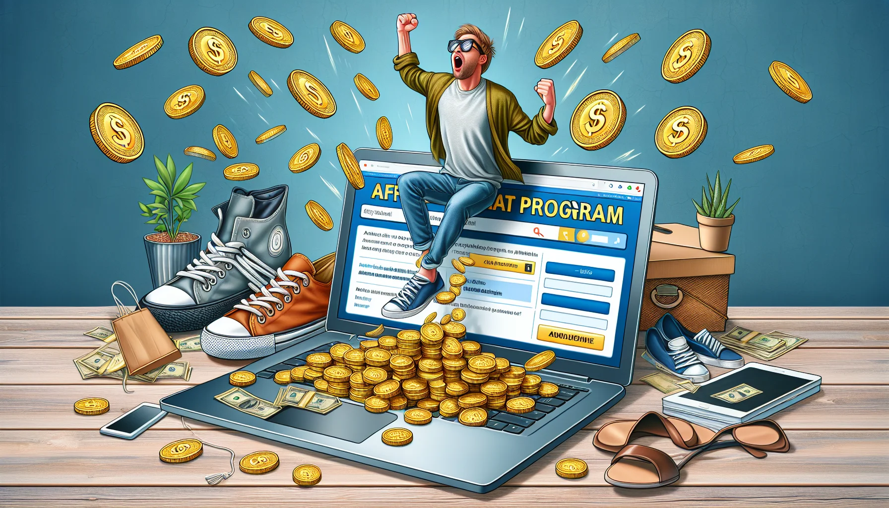 Generate an amusing, lifelike image symbolizing the affiliate program of a generic shoe brand. The scenario should convey the concept of earning money online. Incorporate elements like a webpage on a laptop screen displaying the affiliate program, some stylish shoes scattered around, and a steady stream of gold coins flowing from the screen, representing online income. To add humor, include a person reacting in giddy surprise or delight at the sight of the coins.