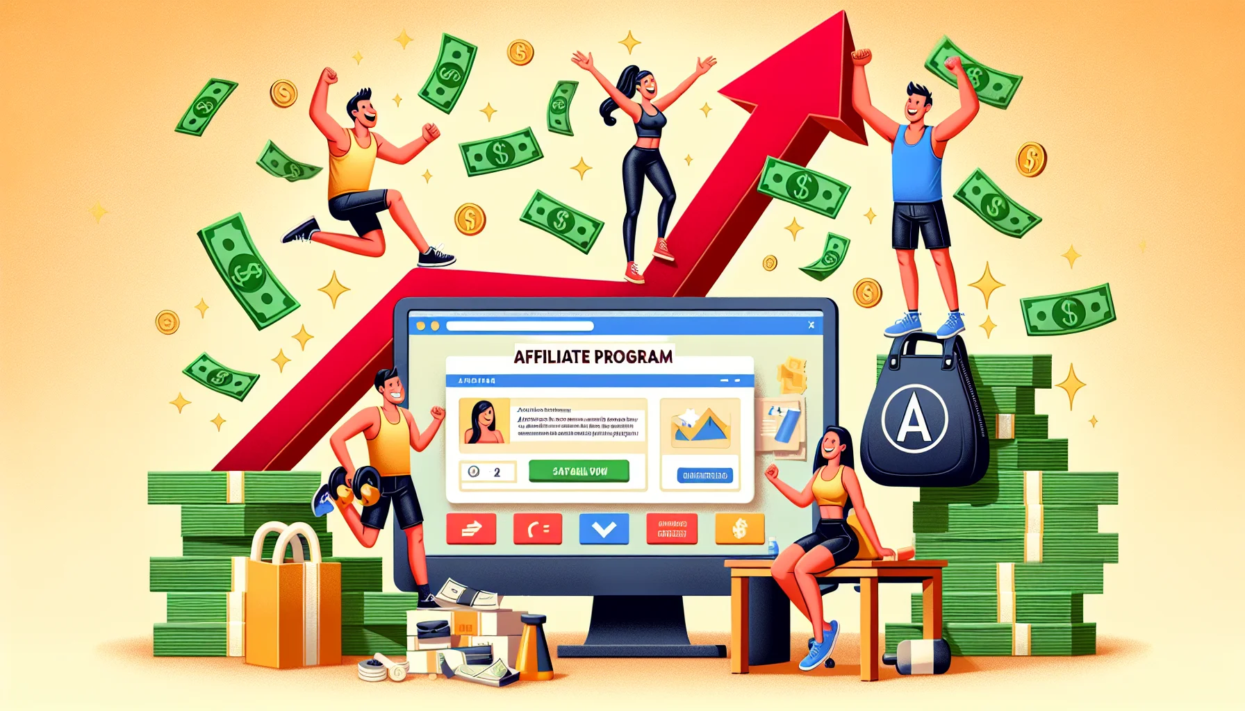Illustrate a humorous and realistic scene related to online money-making with the theme of a fitness affiliate program. The interactions should involve a computer, a gym bag, and stacks of paper money. The screen of the computer should highlight an understandable interface with the word 'Affiliate Program'. Have a large upward-pointing arrow and several individuals rejoicing in vibrant colors, along with text captions around them mentioning success stories about their earnings. Make sure to forego individuals' connection to certain races or genders, keep them as diverse silhouettes to maintain inclusivity.