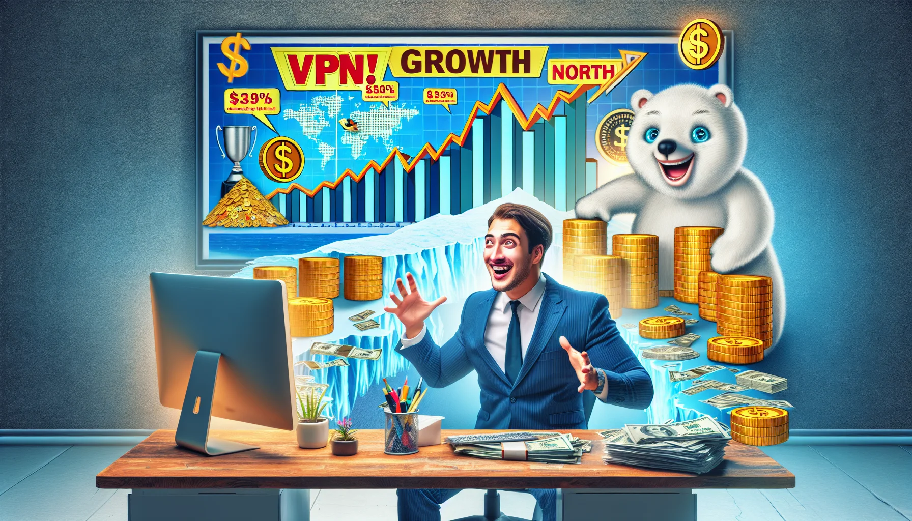 Imagine a humorous image set within a realistic scene of an online business environment. In the center, a cheerful and smartly dressed Caucasian male entrepreneur is looking excitedly at his computer screen, which displays an impressive growth chart. He sits in a modern, well-lit home office, surrounded by elements that symbolize monetary success - stacks of virtual coins, a digital piggy bank, a golden keyboard, etc. The office wall behind him features a big, brightly colored poster advertising VPN services with the impression of being situated in the North, like an iceberg or polar bear on it, adding a touch of surreal humor. Note - this image does not represent any specific brand, but merely illustrates a common online business scenario.