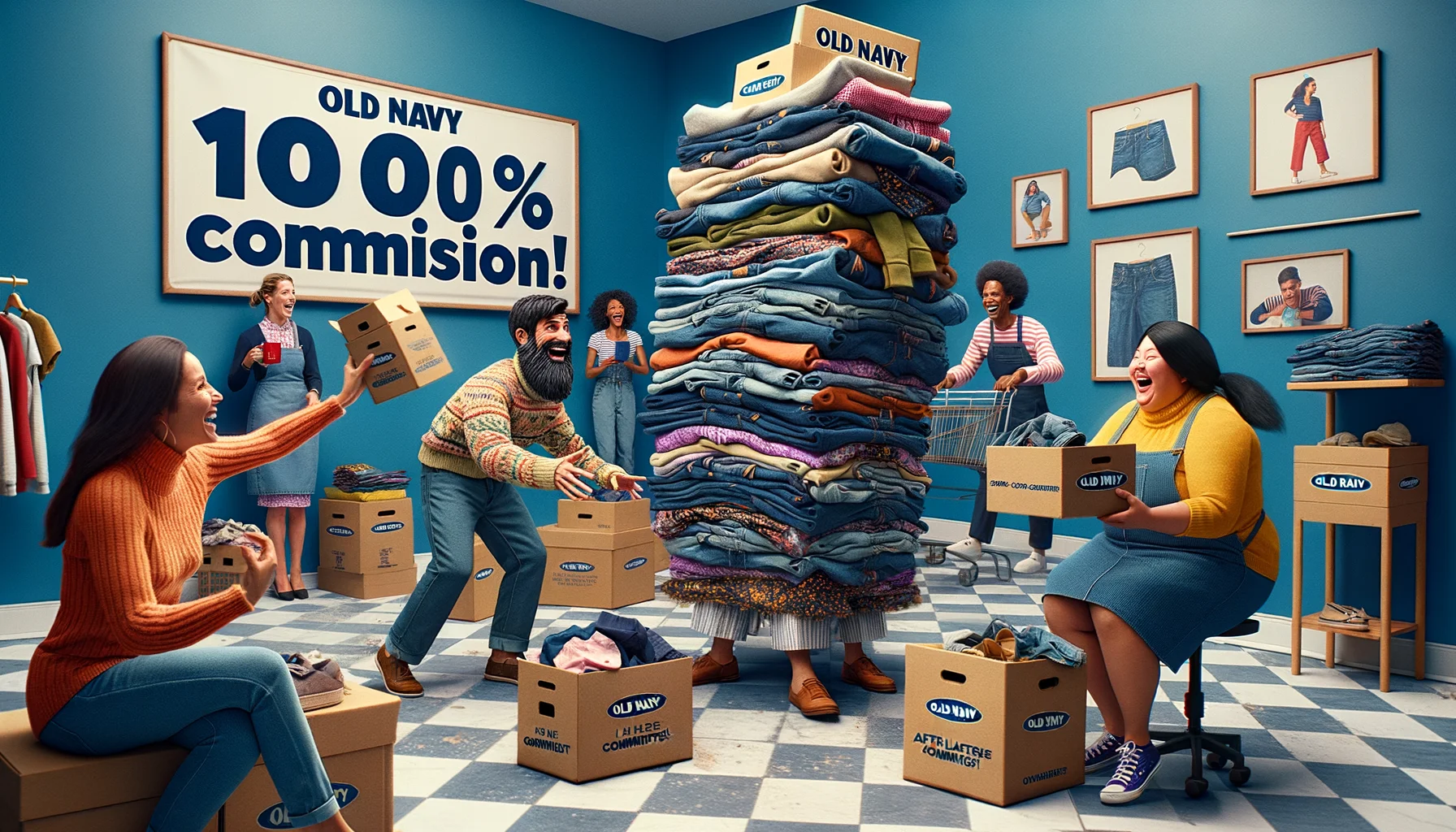 Generate a humorous, realistic image representing the Old Navy Affiliate Program. The scene is set in a quirky retail store, with customers wearing oversized, comically patterned clothing. One Caucasian female cashier is playfully struggling to keep up with oddly-shaped cardboard boxes filled with clothing. Beside her, a Middle-Eastern male is hilariously attempting to balance a tall stack of jeans on his head. In the background, a Black female and a South Asian male, both holding large shopping bags, are laughing heartily. A sign on the wall humorously exaggerates the affiliates’ cut, displaying '1000% commission!' in bold, playful letters.