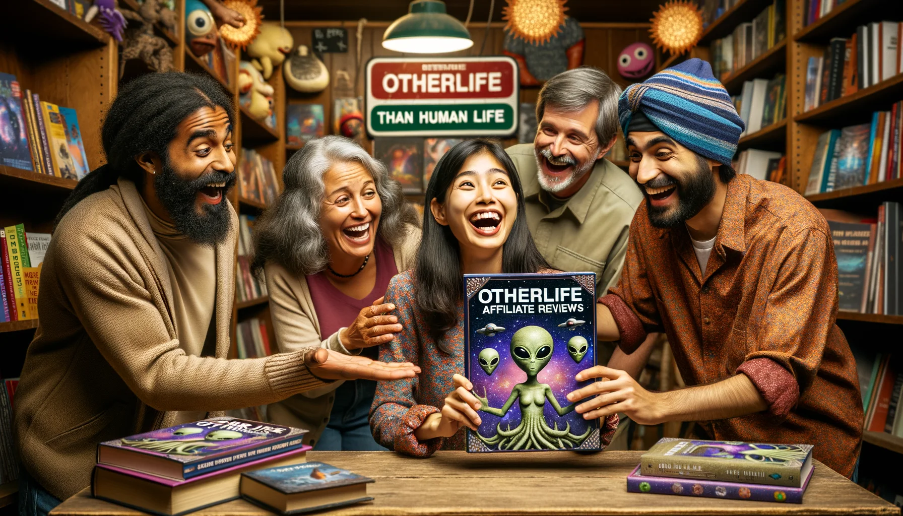 Create a humorous, captivating scene taking place in a quirky, offbeat bookstore. A cheerful South Asian woman enthusiastically shares a book titled 'Otherlife Affiliate Reviews' with a group of customers. The book cover shows alien creatures, suggesting that 'Otherlife' is a term for extraterrestrial life. The customers, consisting of a Hispanic man chuckling at the book, a Caucasian woman grinning widely, and a Middle-Eastern man laughing heartily, add to the overall humor of the scenario. The store has funny signs like 'more interesting than human life'.