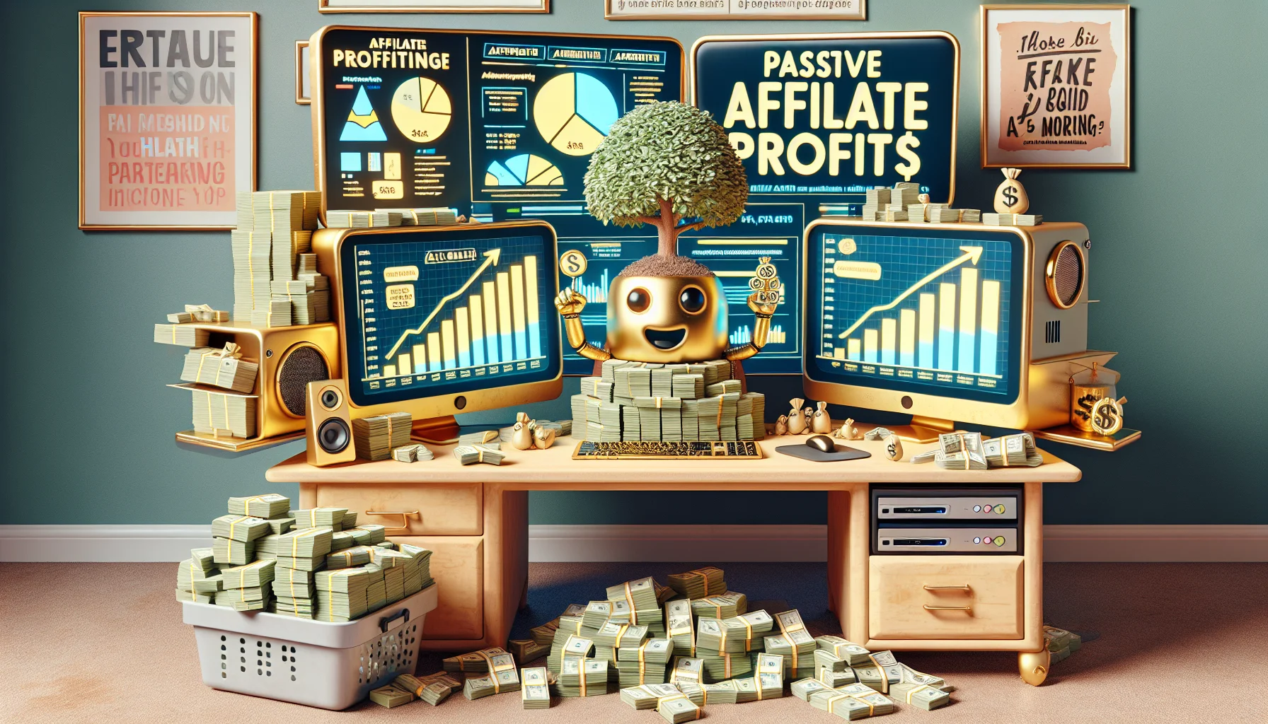 Illustrate an amusing and realistic scenario showcasing passive affiliate profits. Show a desktop with three computer monitors displaying various graphs and charts of increasing profitability, with the text 'Affiliate Marketing' on one of the screens. On the desk, depict a gold-plated keyboard and mouse alongside a big stack of money; have a tree growing out of the pile of cash, symbolizing growth and prosperity. The room in which the desk is situated has posters on the walls displaying motivational quotes about success and money. A small robot, with a friendly smile, is seen diligently working on the computer, symbolizing automation and passive income.