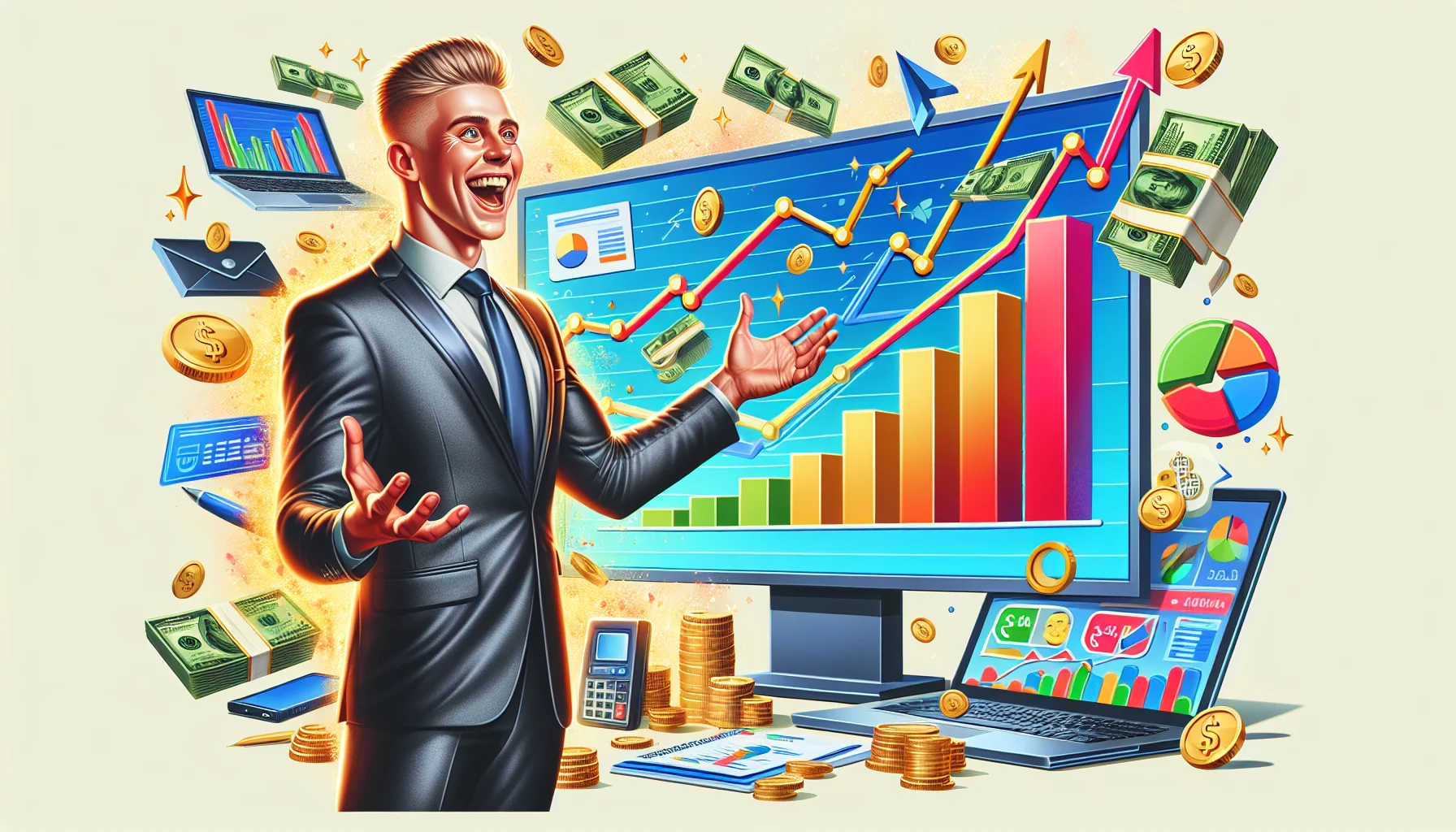 Create a humor-filled realistic image showcasing an individual involved in affiliate marketing in an enticing scenario related to making money online. This individual is male of Scandinavian descent, with short blonde hair, and dressed in modern professional attire. He is joyfully presenting a large, colorful bar chart representing increasing profits on a presentation screen, with icons of computers, internet connectivity, and bank notes around him to symbolize the online business. The aesthetic should be vibrant and dynamic, emphasizing the lucrative nature of digital entrepreneurship.