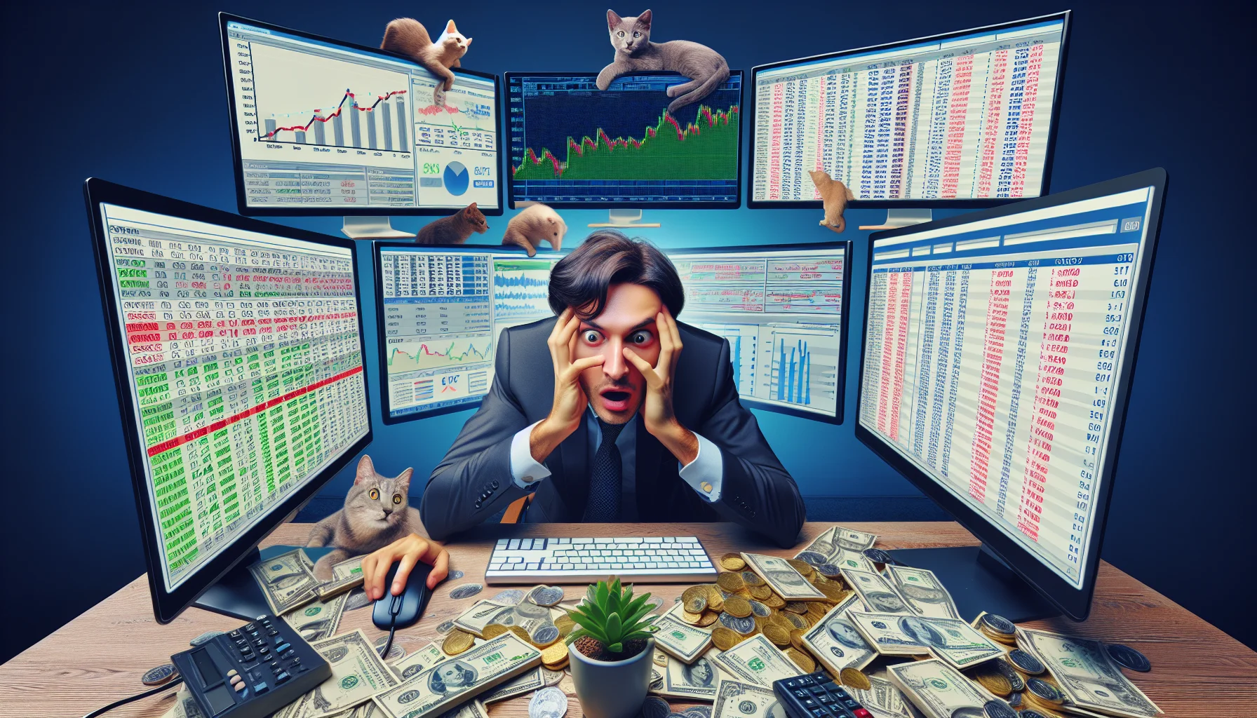 Visualize an amusing yet realistic scenario featuring an unidentified affiliate marketer who is deeply immersed in the world of online profit-making. The scene emphasizes the allure and excitement of making money on the internet. The marketer could be surrounded by multiple computer screens displaying charts, graphs, and various currencies symbols. Their face reflects a combination of determination, excitement, and a hint of stress. In the background, comedic elements like a cat playing with a computer mouse or a plant overgrowing from lack of attention.