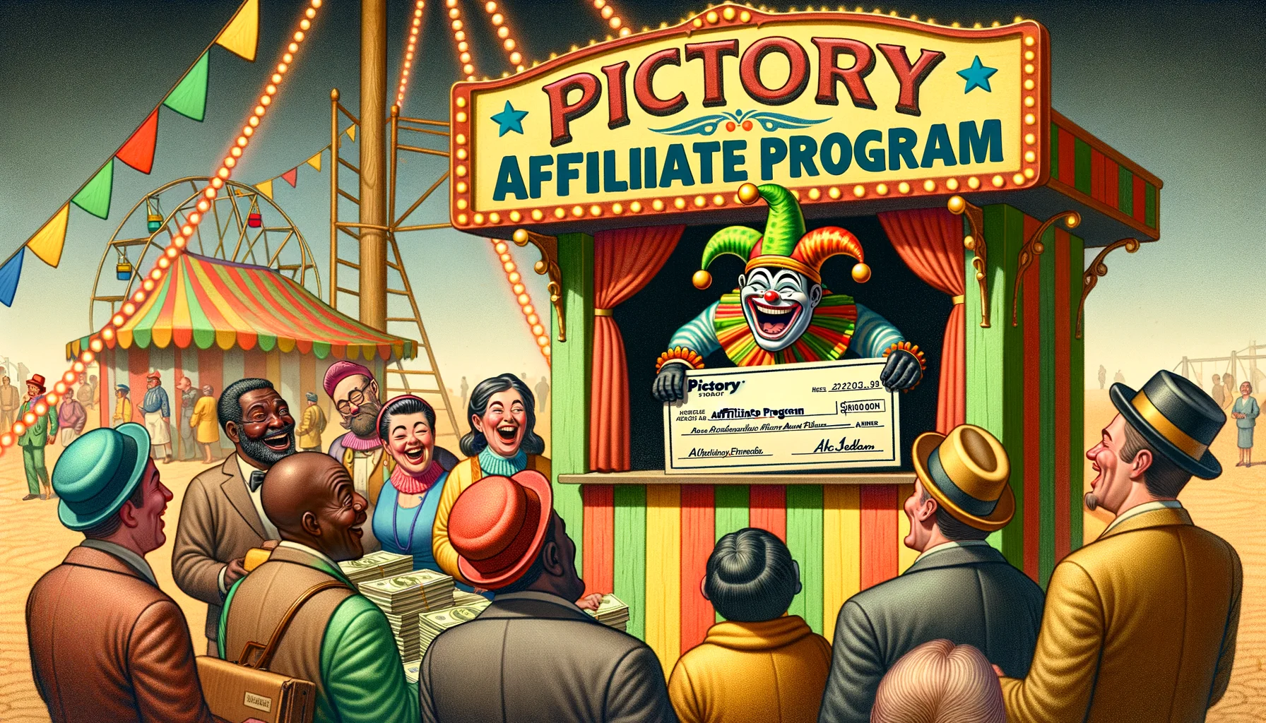 Illustrate a playful, comical scenario showcasing an affiliate program. Begin with a jester standing at an old-timey carnival booth, with a huge brightly colored sign that reads 'Pictory Affiliate Program'. The jester, who is laughing hysterically, is presenting oversized checks to amused carnival visitors who are of varying descents such as Black, Hispanic, Asian, and white. The visitors are successful affiliates, surprised and delighted by their earnings. This humorous depiction of the affiliate program should invoke feelings of joy, surprise, and excitement, embellished with a touch of surrealism for comical effect.