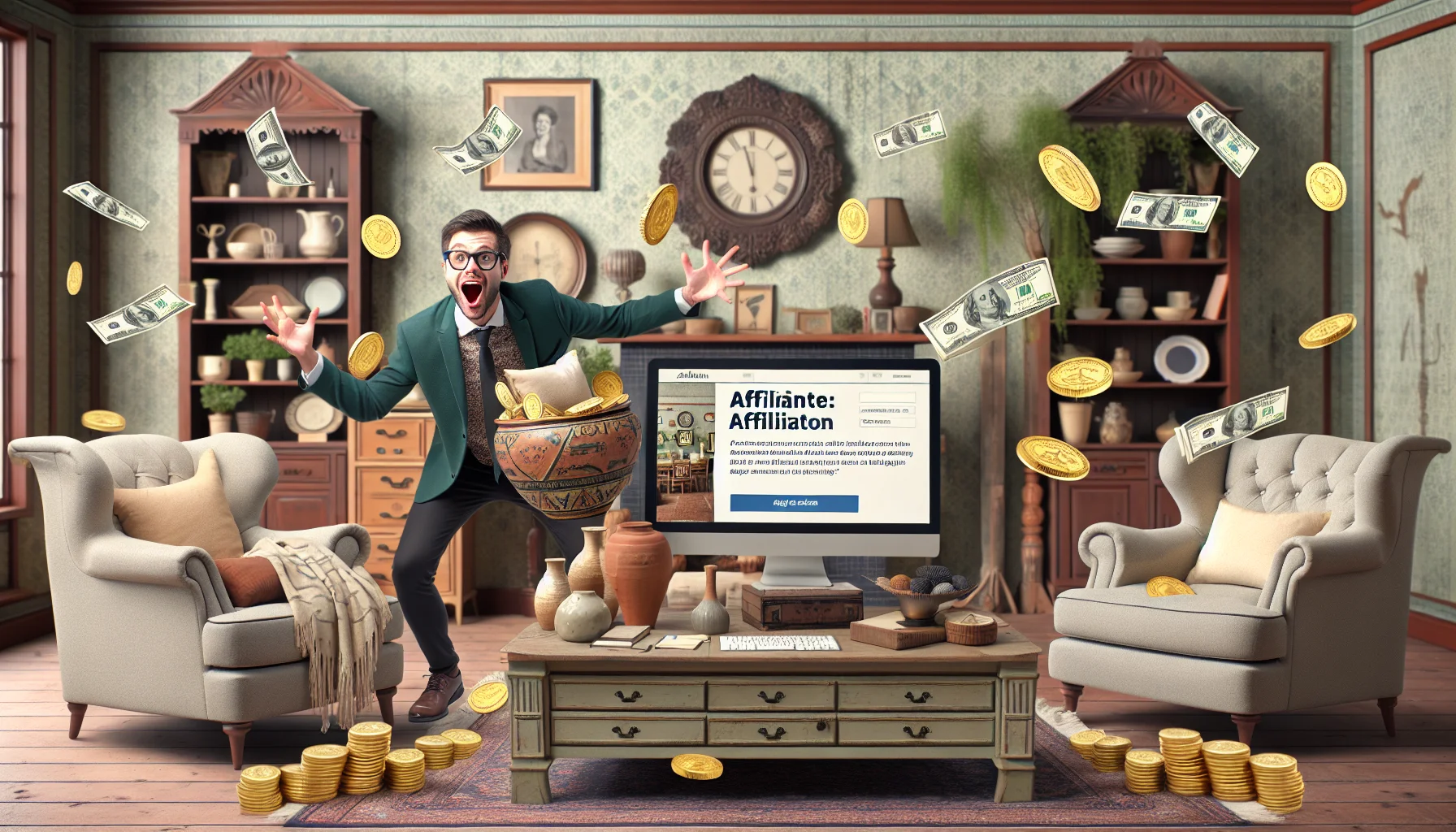 Create a humorous and realistic image encapsulating the concept of an affiliate program from a fictitious home furnishing and decor store, akin to Pottery Barn. The scenario involves an energetic marketer enthusiastically promoting various stylish and vintage furnishings, with adornments of gold coins and dollar bills subtly integrated into the designs. This could be set against a backdrop of a well-decorated, cozy living room, emphasizing the online aspect, including a computer displaying a website interface for earning through affiliation. Add touches of comedy to make the image entertaining and enticing.
