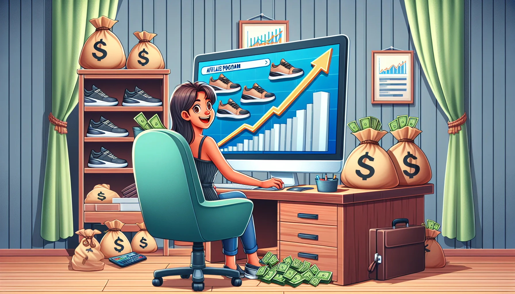 Illustrate an amusing and realistic scene associated with an unbranded shoe brand's affiliate program, specifically relating to earning money over the internet. This could involve a person sitting at a comfortable home-office with a large computer screen, where the screen is displaying rising graphs and shoe icons. Perhaps bags of money are subtly incorporated into the room's decor, making the many available opportunities exciting. This person could be a young South Asian female, enthusiastically multitasking between managing the affiliate network's algorithms and interacting with clients through virtual meetings.
