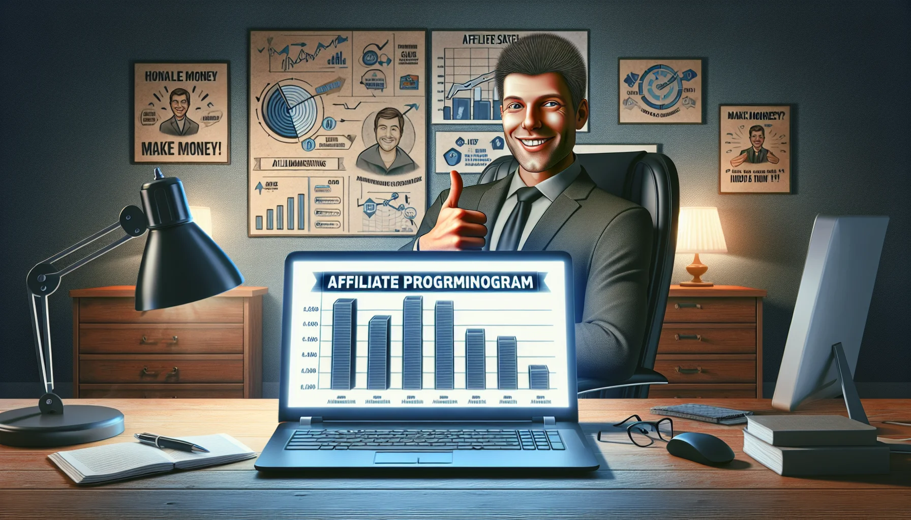 Create a humorous, lifelike image of a digital workspace where an affiliate marketing program is being portrayed. The environment includes a modern laptop displaying charts of increasing affiliate sales, indicating the potential for making money online. A caricature of a person of Caucasian descent with a pleasant smile is sitting at the desk, giving thumbs up. The surroundings are furnished with a comfortable office chair, a lamp, and inspiring posters related to online business, providing a subtle nudge towards joining the affiliate program.