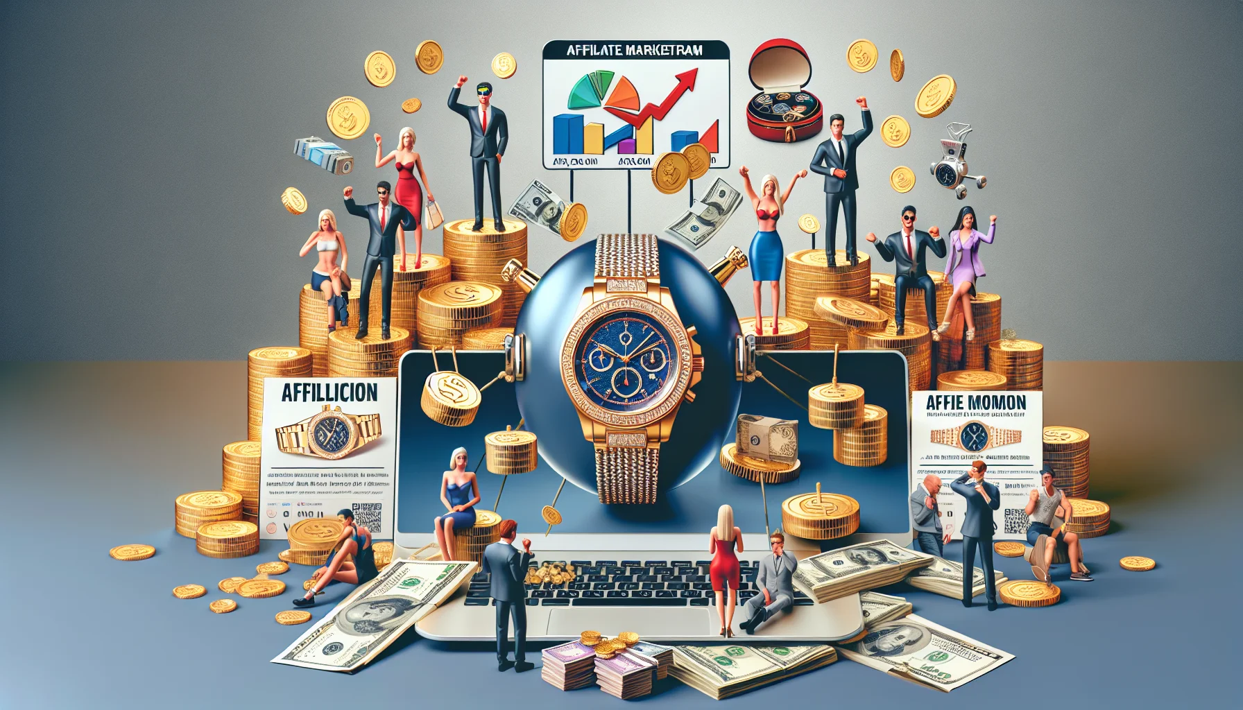 Create a humorous and realistic image that represents an affiliate marketing program of a high-end luxury watch brand. The scenario should be enticing, displaying elements associated with making money online. Include visual cues like digital devices showing growth in sales, heaps of coins symbolizing profits, glossy brochures showcasing the luxurious watches, and individuals of various descents and genders, celebrating their earnings. Avoid showing any identifiable brand logos or symbols.