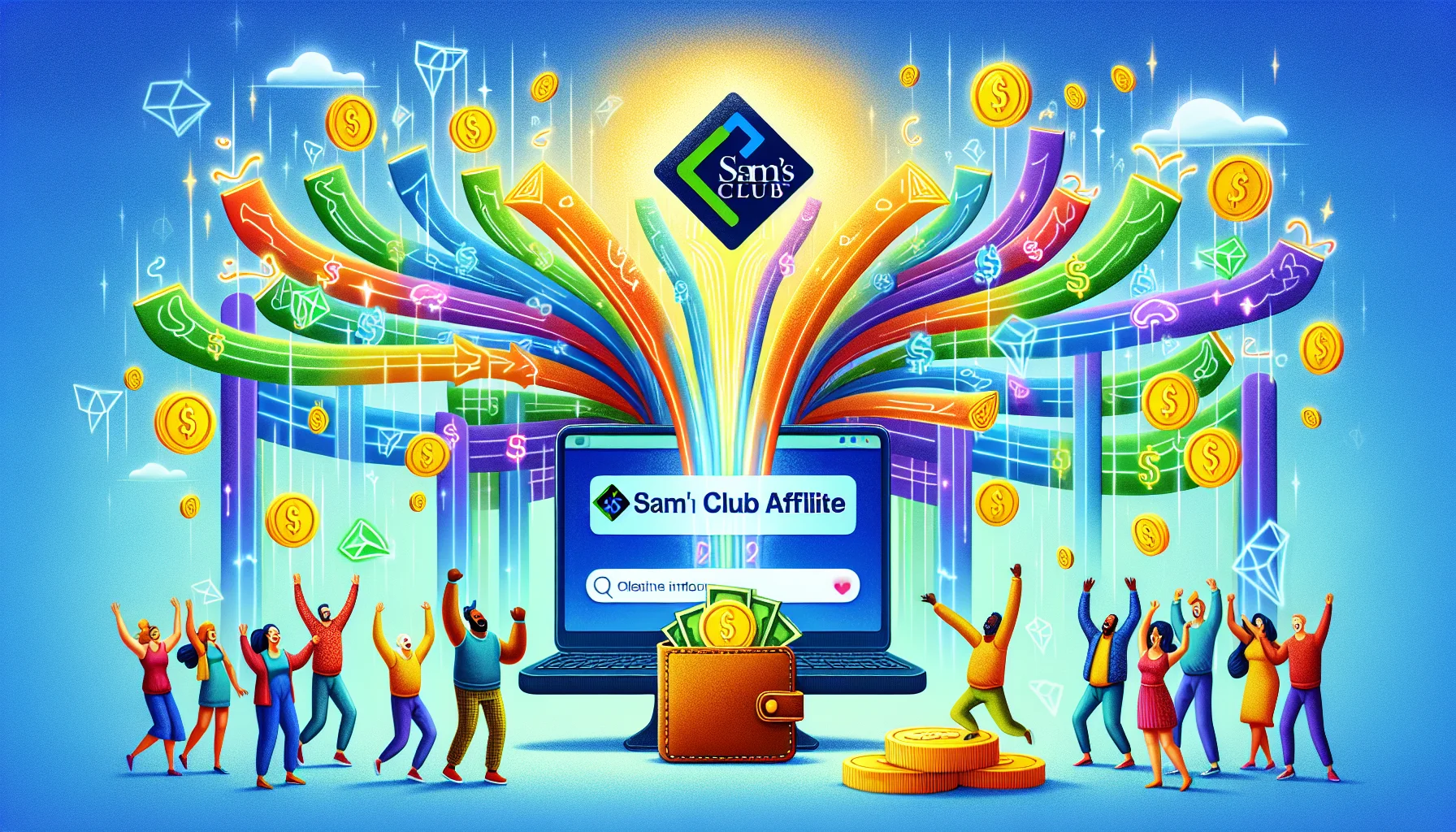 A whimsical scene showcasing an abstract representation of Sam's Club affiliate program in its relation to creating online income. Visualize an oversized computer screen, displaying a bright vivid website with the Sam's Club logo, and next to it, lines of digitally symbolic money flowing into a cartoonish wallet. Surround the scene with characters displaying joy and excitement, perhaps members of various racial backgrounds such as Caucasian, Asian, and Black, both men and women, reveling in the success of their ventures. Make the general atmosphere bright, colorful and full of positivity to illustrate the potential perks of such an affiliate program.