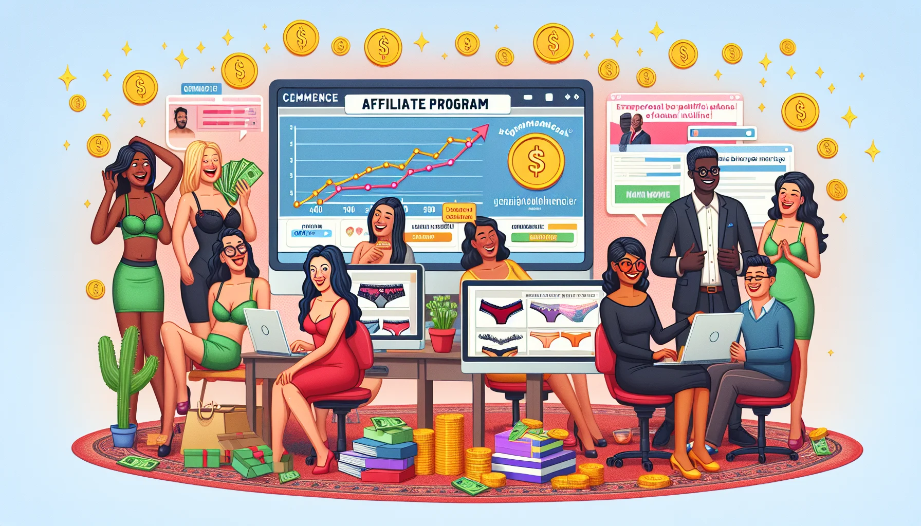 Create a humorous and realistic image depicting an affiliate program for a generic lingerie brand. The scene could include individuals of various genders, like a South Asian woman and a Black man, enthusiastically engaging in online activities such as tracking their income stats or promoting the products on social media. Please include elements associated with e-commerce and affiliate marketing - vibrant charts showing earnings growth, computers displaying the brand's webpage, digital coins, etc. The overall mood of the image should be enticing, conveying the excitement and potential profitability of making money online in a respectfully humorous way.