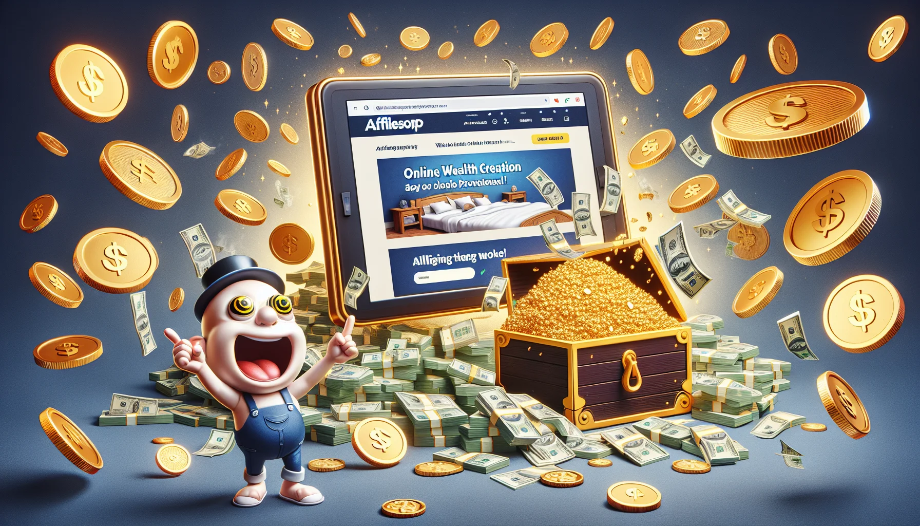 Imagine a humorous and compelling scene related to online wealth creation. It involves a digital screen floating in the air, displaying an engaging webpage that promotes an affiliate program for sleep products. The surrounding area is filled with symbols of prosperity like gleaming gold coins, stacks of dollar bills, and a treasure chest. Next to the floating screen stands a cartoon character with bulging eyes and an overexcited expression, pointing at it while holding bundles of cash in its other hand, implying the lucrative opportunities such affiliate programs offer.