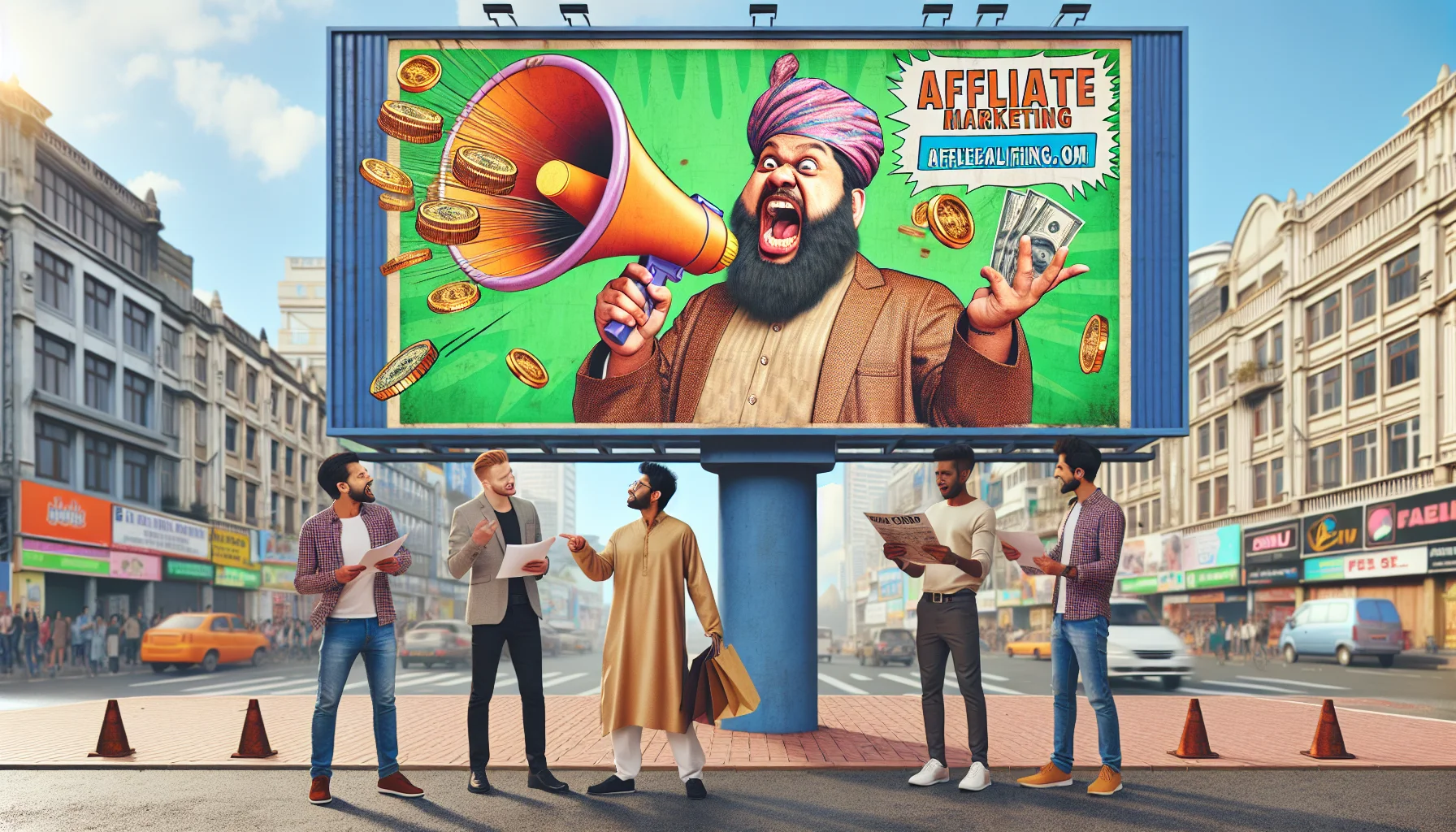 Create a humorous and realistic scene of a solo ad for affiliate marketing. Picture a South Asian merchant standing next to a large comical billboard in a bustling city center. The billboard displays a wild and exaggerated caricature of the merchant, with a giant megaphone, shouting out the benefits of their affiliate marketing services, generating passerby laughter. The caricature is tossing out golden coins and wrapped-up gifts (as symbols of the rewards earned from affiliate marketing services). Perhaps, a small group of diverse people pointing and chuckling at the billboard while the actual merchant, looking somewhat embarrassed yet amused, is giving out leaflets. Make sure to capture the spirit of affiliate marketing in a playful and light-hearted way.