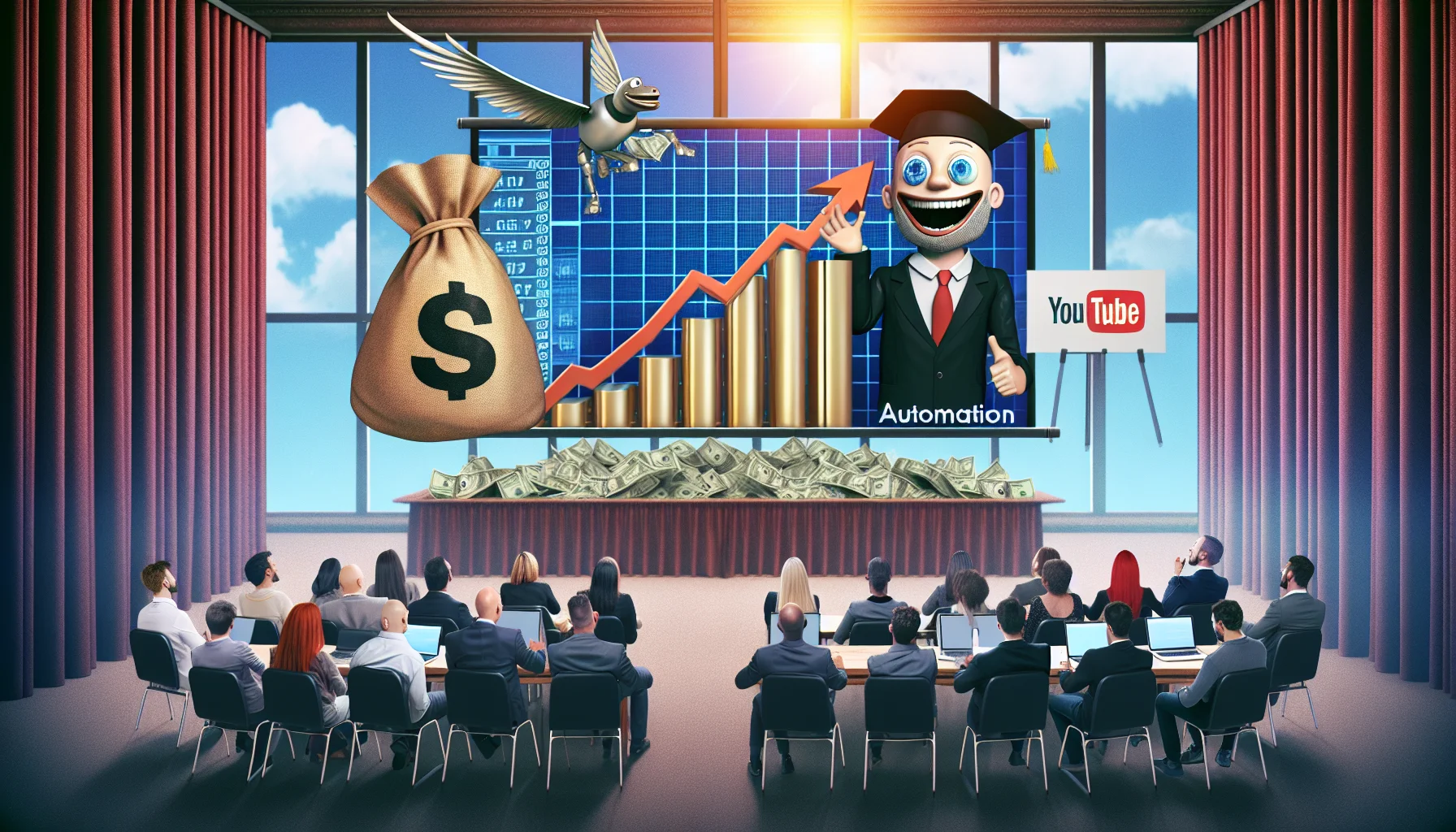 Create a humorous and realistic image representing an online business automation summit. It's set in a virtual conference room filled with people from diverse descents and genders. The main screen is sharing a graph with an upward trend, symbolizing the growth in online earnings facilitated by the automation techniques discussed. Hovering beside the screen is a caricature of a money bag with wings, adding to the jovial ambiance. In the corner of the image, a YouTube logo subtly suggests the platform where this summit takes place.