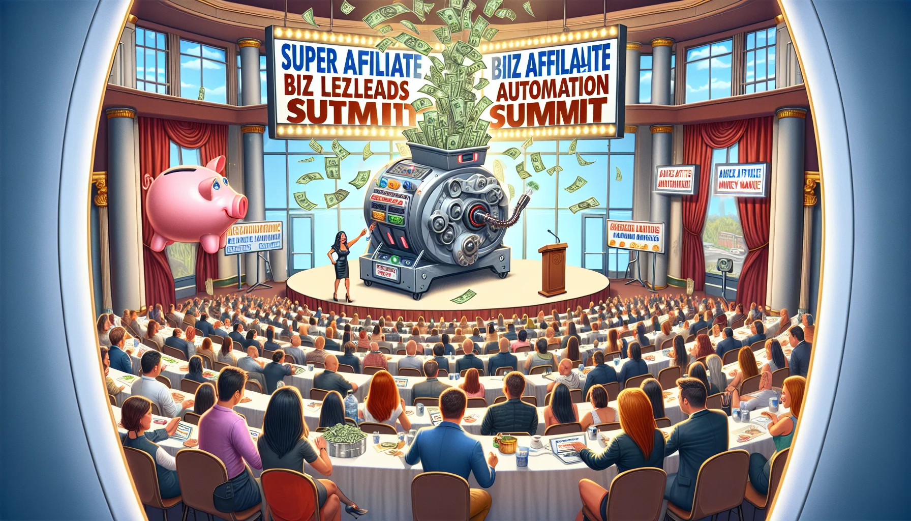 Create a humourous and realistic scene for a 'Super Affiliate Bizleads Automation Summit'. Picture a large conference room bustling with people of various descents and genders eagerly learning about online money making techniques. On stage, a dynamic female Hispanic speaker is presenting about affiliate marketing using a large, high-tech, automated machine that's whimsically shaped like a piggy bank. Dollar bills and coins are gently raining down from the ceiling creating a festive atmosphere. Banners and signboards around the room highlight the Summit's title, promising enticing opportunities for online wealth creation.
