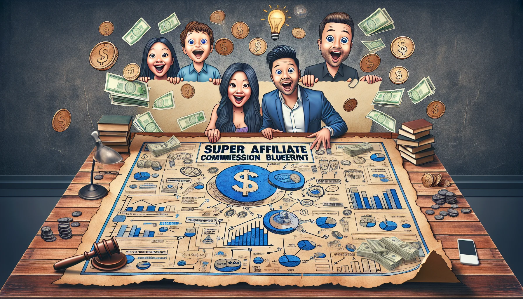 Imagine a cartoonish yet realistic image that humorously illustrates the concept of 'Super Affiliate Commission Blueprint'. There's a large blueprint spread out on an old oak desk with figures and diagrams that are symbols for online money-making strategies like eCommerce, affiliate marketing, and SEO optimization. Coins and dollar bills are popping out from the document representing huge profits. A well-crafted light bulb symbol representing bright ideas is hovering above the blueprint. Excited faces of an Asian woman and a Middle Eastern man are peeking over the blueprint. They are both dressed casually, symbols of successful online entrepreneurs. Their facial expressions are joyous and amazed, depicting the exciting world of online affiliate marketing.