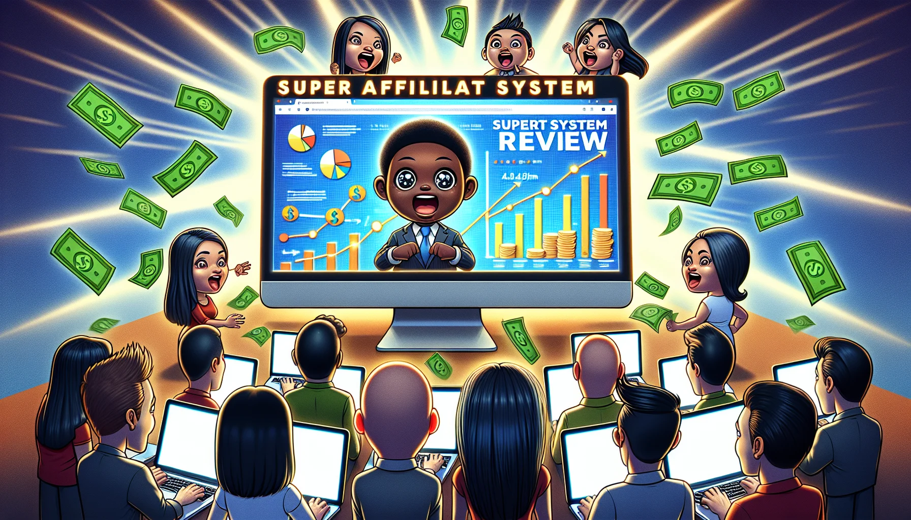 Imagine a humorous and realistic scene related to online wealth creation. In the center, there's a giant computer screen, glowing with the words 'Super Affiliate System Review'. On the screen, dynamic graphs and statistics illustrate success and high returns. Surrounding the computer, cartoon-styled characters - an ambitious Asian woman, a crafty Black man, a determined Middle-Eastern man, and a disciplined Hispanic woman - are eagerly following the review, with sparkling eyes full of aspirations. Their laptops are open, showing numerous successful transactions, as dollar bills 'fly' out of their screens, symbolizing their potential financial gains.