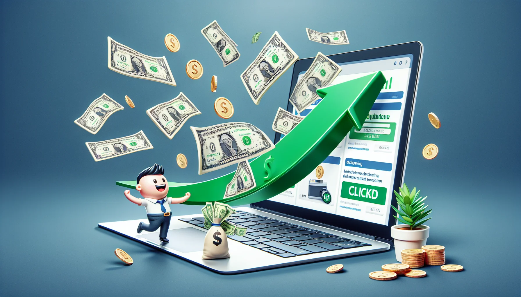Create an amusing and realistic image that illustrates the concept of affiliate marketing. Imagine a scene where an animated laptop screen shows click-worthy ads of products, while cash bills are digitally flowing out from the screen, symbolizing the income generated through online promotions. Include symbolic elements like a green upward arrow to represent growth and a small figurine joyfully piling up coins, clearly showing the appealing aspect of making money online.