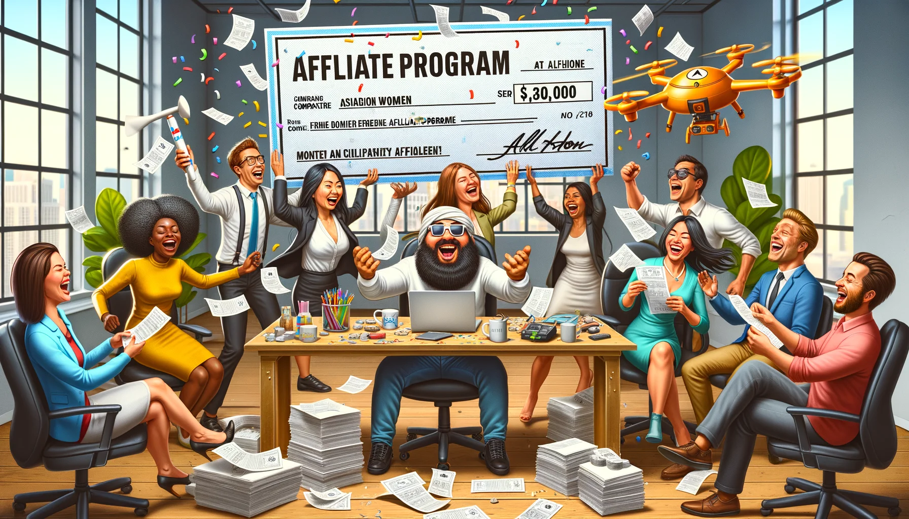 Create an image that humorously depicts the Affiliate Program of a fictional company named Temu. Set the scene in a charmingly absurd office environment where people of all genders and descents are laughing and engaging in comedic antics. Maybe there's an Asian woman presenting a huge, oversized novelty affiliate check, a Middle-Eastern man barely able to handle a pile of paperwork that's about to burst into confetti, a Black woman in an office chair race, and a white man trying to swat a drone carrying a banner about the affiliate program. Make sure the atmosphere is light-hearted, exuding positive energy and mirth.