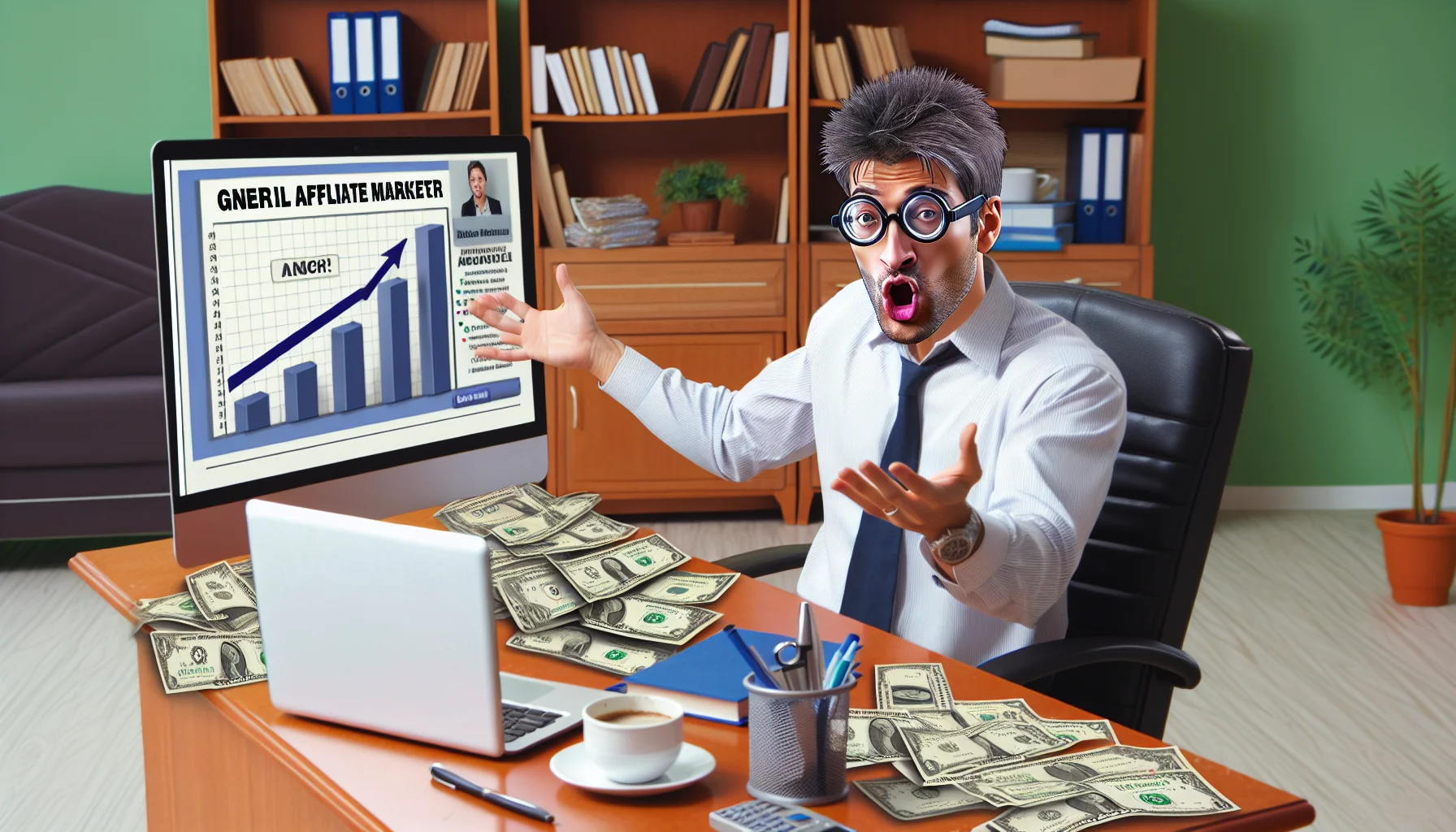 Create a comical, realistic image of a general affiliate marketer enacting a humorous scenario related to making money online. The scene may include them enthusiastically demonstrating a growth chart on a computer screen. They sit in a home office, with scattered money bills, a cup of coffee, and essential marketing books nearby. The affiliate marketer could be a middle-aged Caucasian female with glasses and a casual business attire.