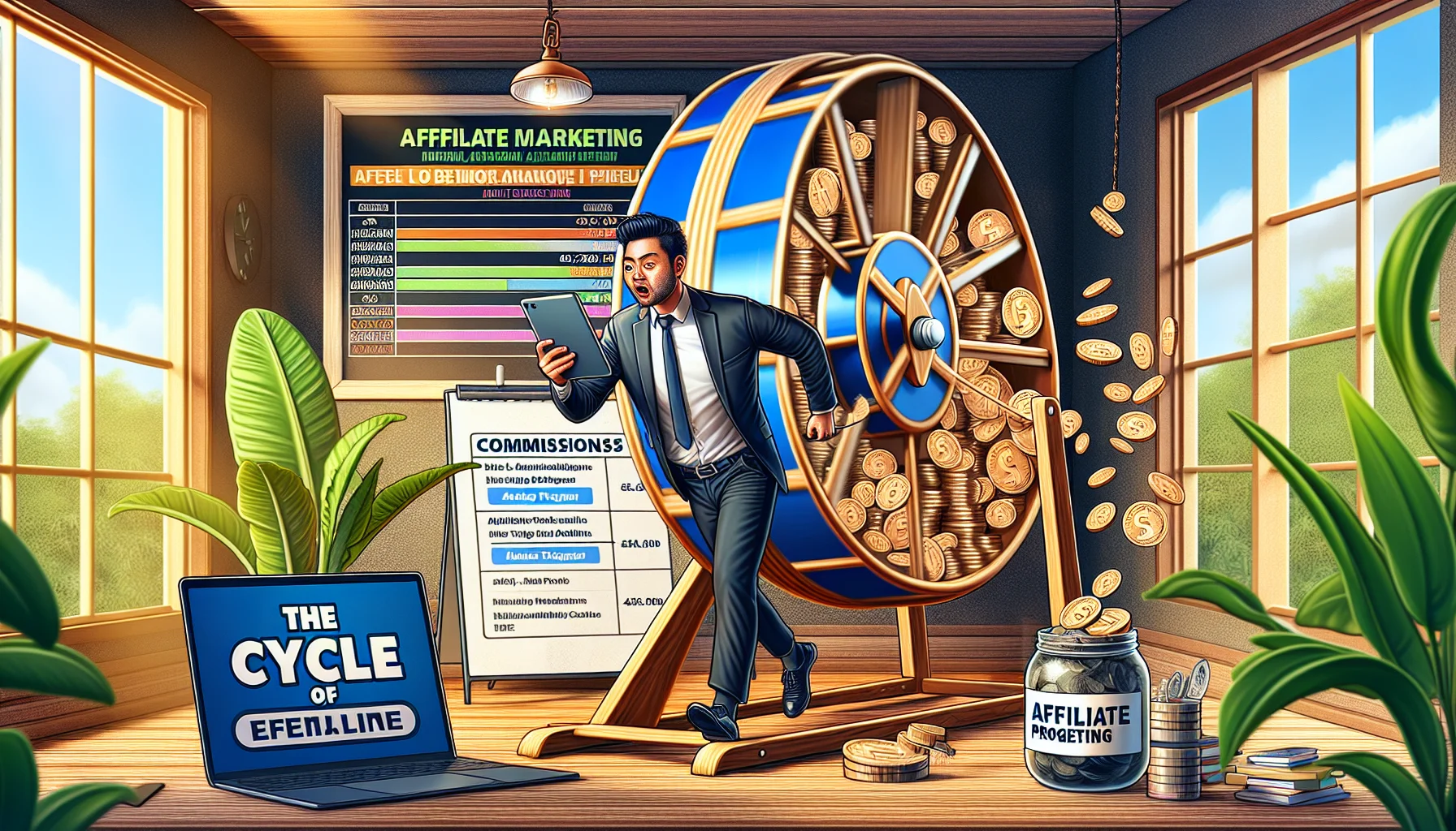 A humorous and realistic scene highlighting the truth about affiliate marketing in the context of making money online. Picture a metaphorical hamster wheel, where a determined South Asian man dressed in business attire is running, holding a tablet with constantly changing digital products. A flow of coins drops from the tablet into a collection jar labeled 'commissions'. Behind him, a leaderboard shows different affiliate programs and their relative successes. A large banner hangs overhead, reading 'The Cycle of Affiliate Marketing'. All set in a lush home office with abundant indoor plants, a modern ergonomic desk and warm lighting.