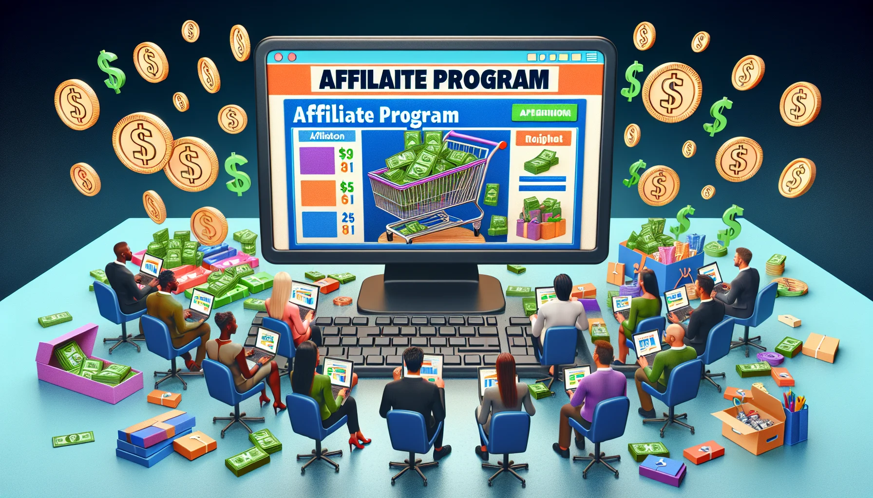 Generate a humorous, realistic image that showcases an affiliate program for a popular discount retailer. The scene is set in the context of making money online. At the centre, there should be an engaging computer screen displaying a brightly colored 'Affiliate Program' webpage for the retailer industry. The page should include enticing visuals like shopping carts full of discounted items, and dollar signs indicating earning potential. Surrounding the computer, various individuals from different descents including Caucasian, Black, and Hispanic, and of both genders excitedly engaging with the website, perhaps clicking on affiliate links or reacting to their online earnings.