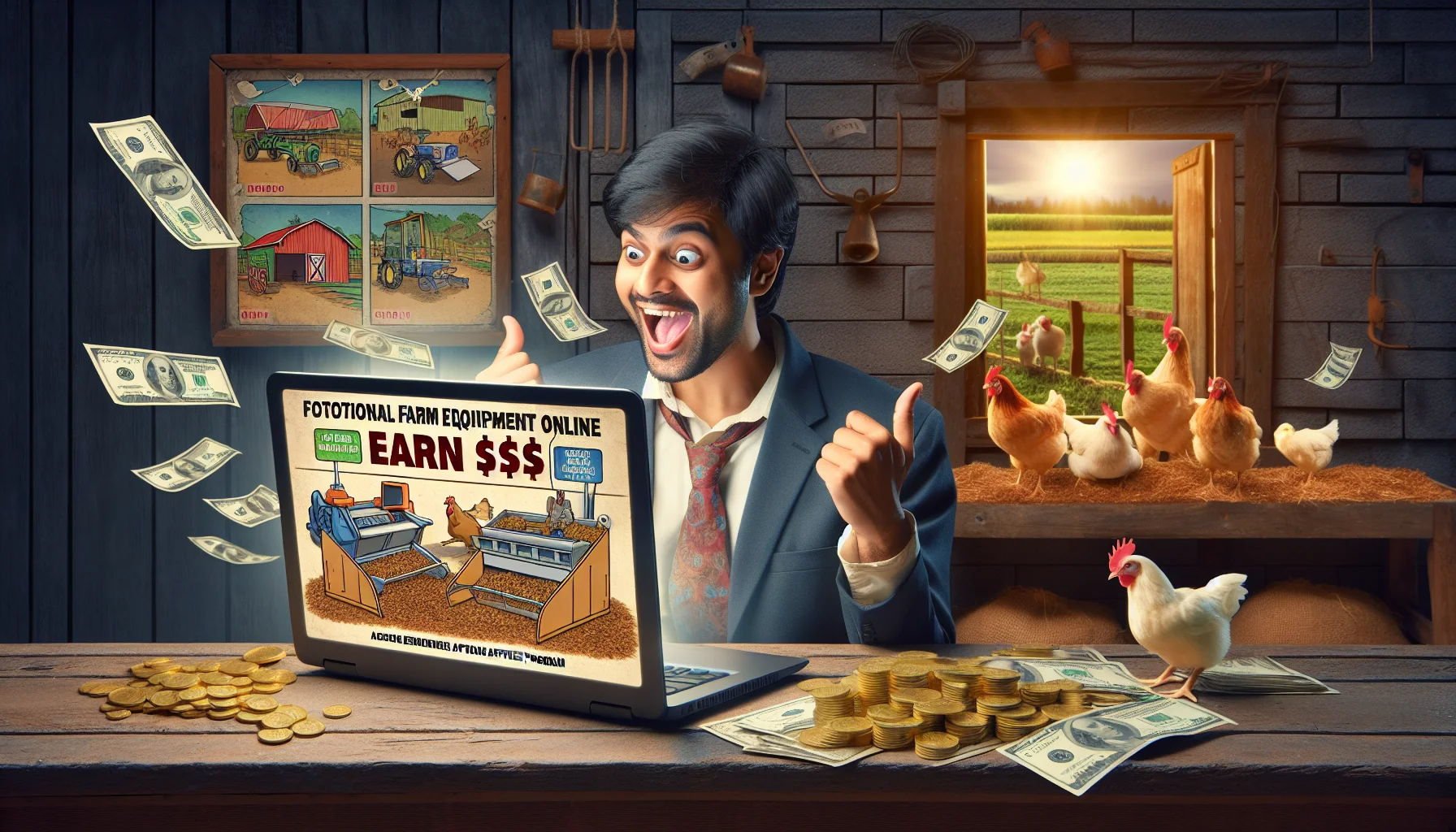 Envision a humorously exaggerated scene centered around promoting a fictional farm equipment affiliate program online. Picture an individual of South Asian descent, sitting at a rustic wooden desk, excitedly pointing at a brightly glowing laptop screen. The screen displays illustrations of various farming equipment with tags reading 'Earn $$$'. The backdrop consists of a homely farm, with chickens peering curiously through the window. Piles of gold coins and money bills are whimsically scattered across the desk, further adding to the enticing allure of making money online with this affiliate program.
