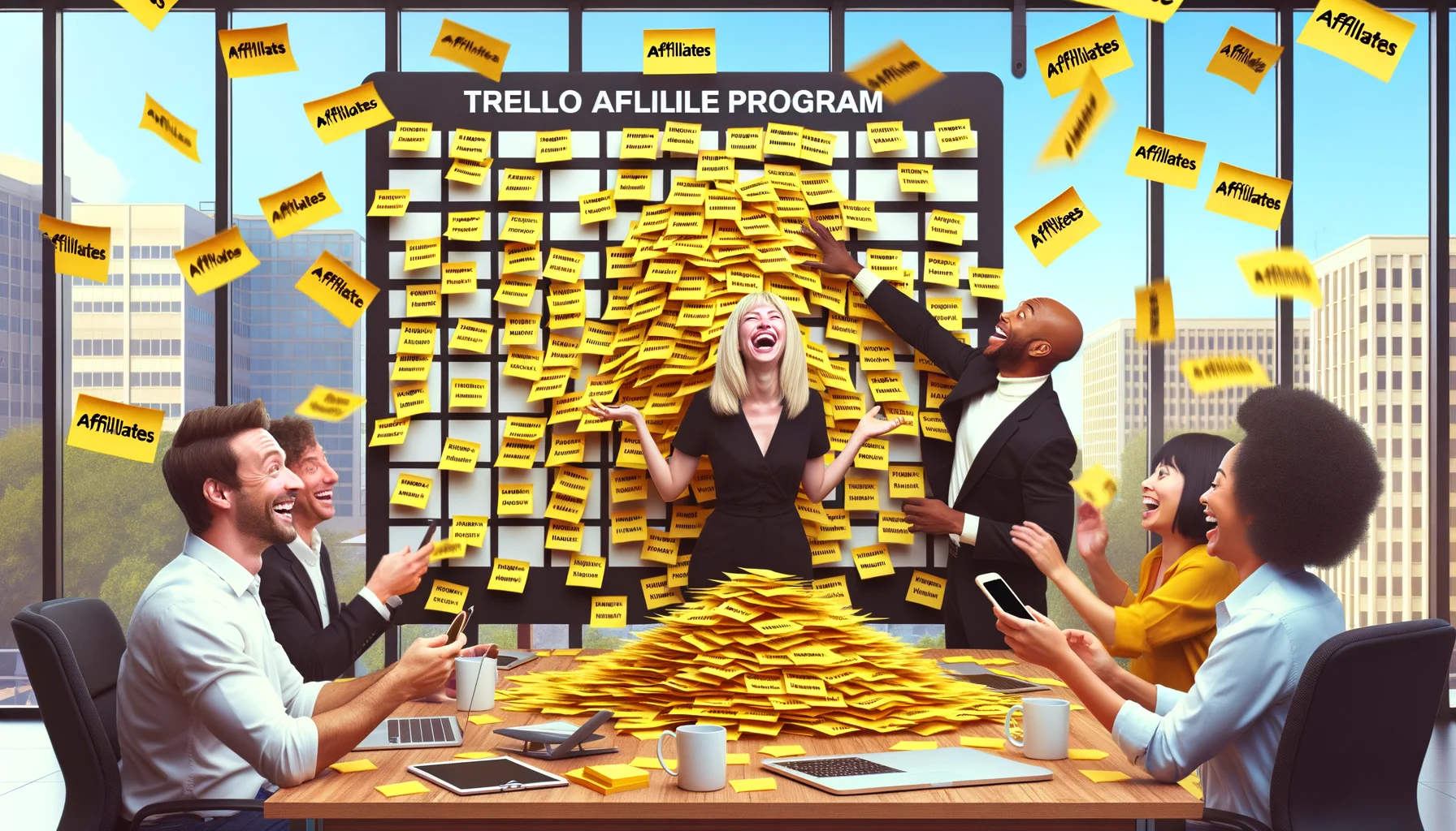 Generate a playful yet realistic image featuring a humorous scenario related to the Trello Affiliate Program. Picture the scene in a bustling office space where a diverse team of employees is collaborating. A Caucasian woman with blonde hair is laughing while trying to organize heaps of yellow sticky notes on a giant, physical Trello board on the office wall. A Black man is seen tossing up more of these sticky notes that say 'affiliates', causing more laughter in the room. Meanwhile, a Middle Eastern man is hilariously attempting to scan the physical Trello board with his smartphone.