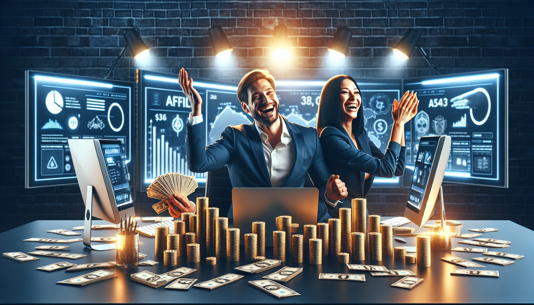 Imagine a light-hearted, realistic scene related to an online affiliate program. Picture a Caucasian woman and a South Asian man, both smartly dressed, sitting at a sleek modern desk, stacks of bills and gold coins neatly arranged on the surface. They are surrounded by multiple high tech computer screens showing various charts and graphs. They are laughing and high-fiving each other, celebrating their success. In the background, an illuminated signboard reading 'Affiliate Marketing' hangs on a brick wall. A generic brand logo of a butterfly sits prominently amidst the scene, symbolizing the program they're associated with.