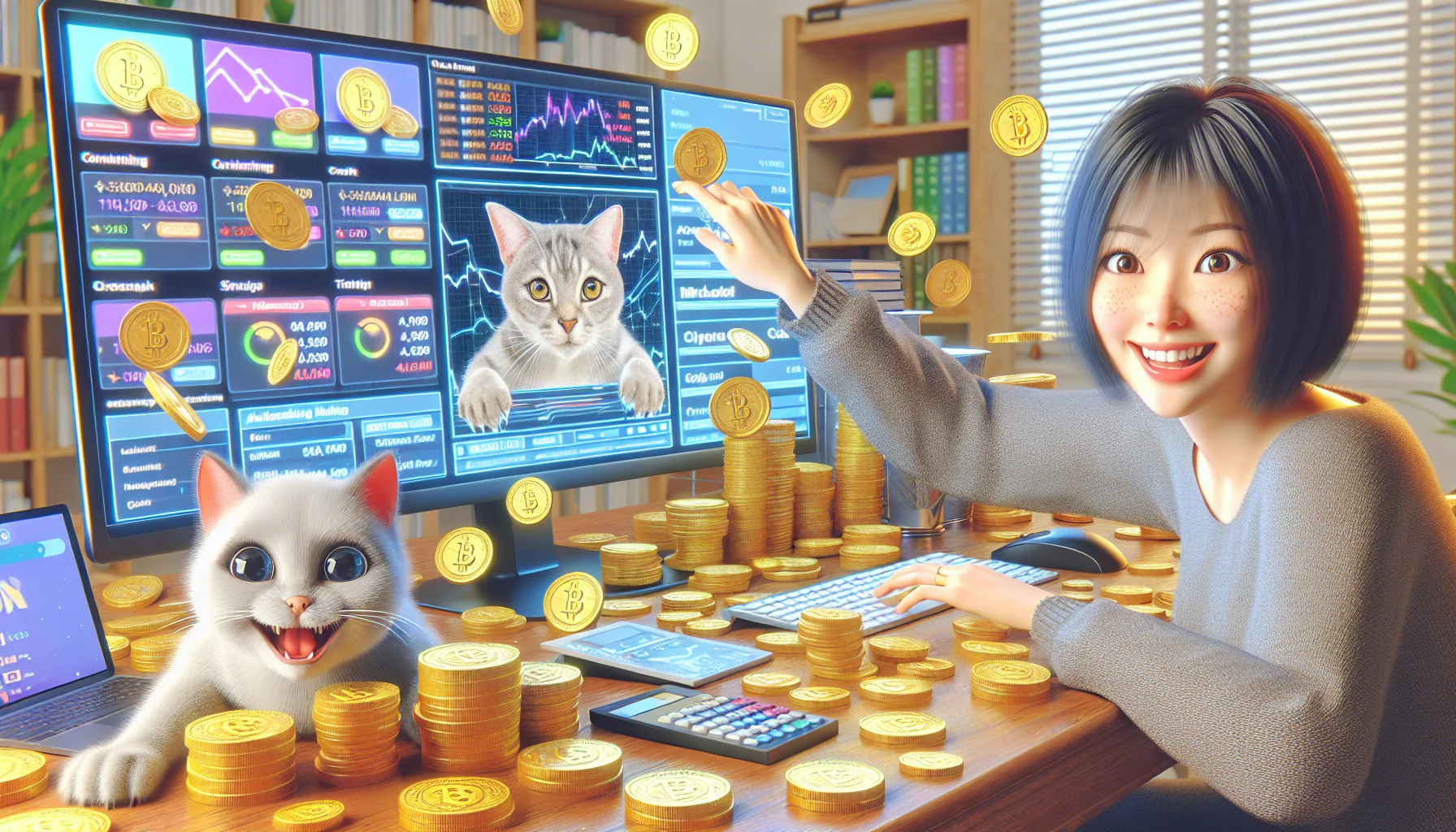 Generate a light-hearted, realistic depiction of a generic affiliate marketer set in the realm of online money-making. The scenery consists of a cluttered desk scattered with stacks of virtual coins signifying digital currencies. On the computer screen, there are multiple open tabs displaying various marketing analytics tools. The marketer is of Asian descent, and her eyes sparkle with excitement. Next to her, a playful cat tries to paw at the coin graphics on the screen, indicating the fun aspect of the work. The scene should inspire and entice viewers about the possibilities of online financial success.