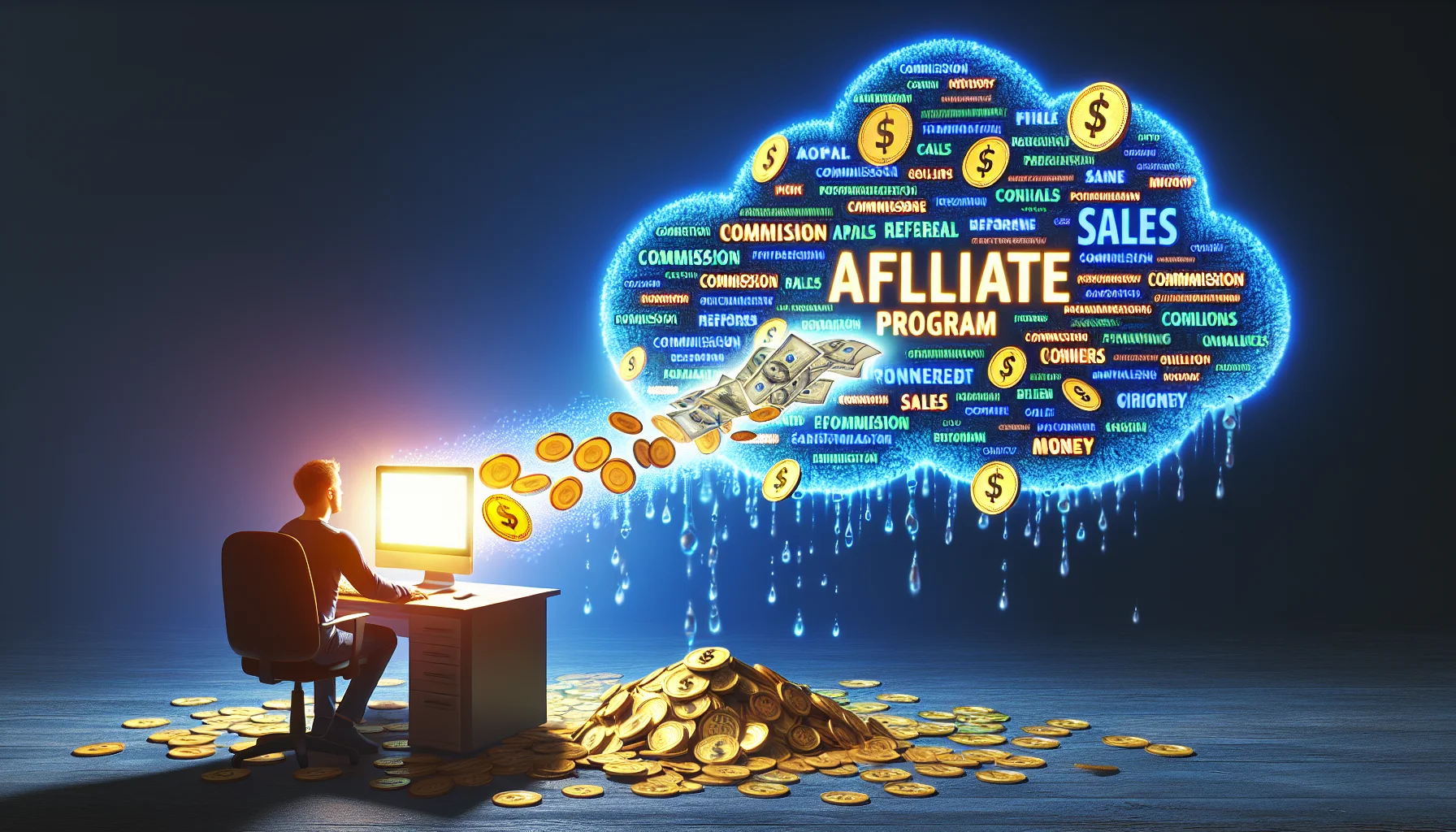 Create a humorous and realistic image displaying an affiliate program that could be linked to a generic online printing service. Set the scene in a digital world where data and ideas flow like a river of money. Picture a user sitting in front of their computer, their face illuminated by the screen's glow, as digital coins pour out from the screen. Around them, a cloud made up of words related to affiliate marketing like 'commission', 'referral', 'sales' and 'money' conveys the potential for earning online.